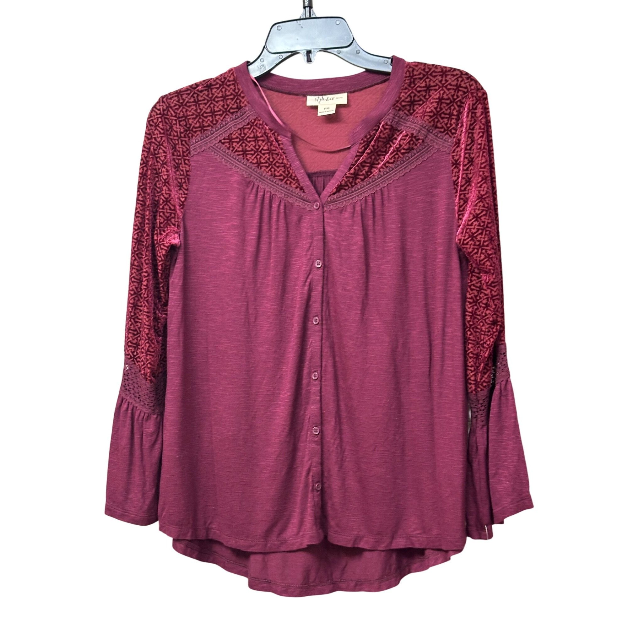 Style & Co Style & Co Petite Velvet-Trim Blouse, Scarlet Wine, Sz. PM Size ONE SIZE - 9 Thumbnail