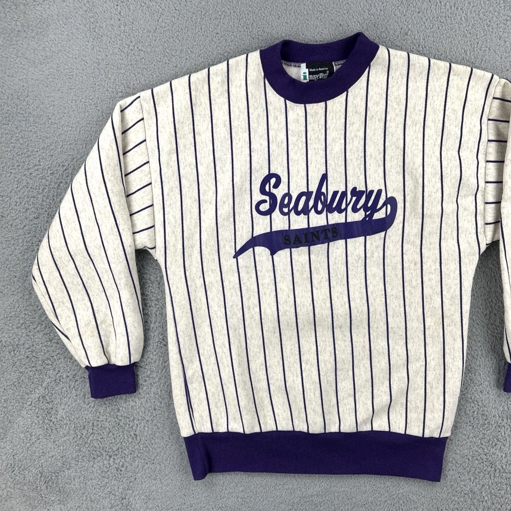 Vintage VINTAGE Image Wear 90s XL Seabury Saints Gray Ringer Sweatshirt Purple Pinstripe Mens Sweatshirt Size US XL / EU 56 / 4 - 3 Thumbnail