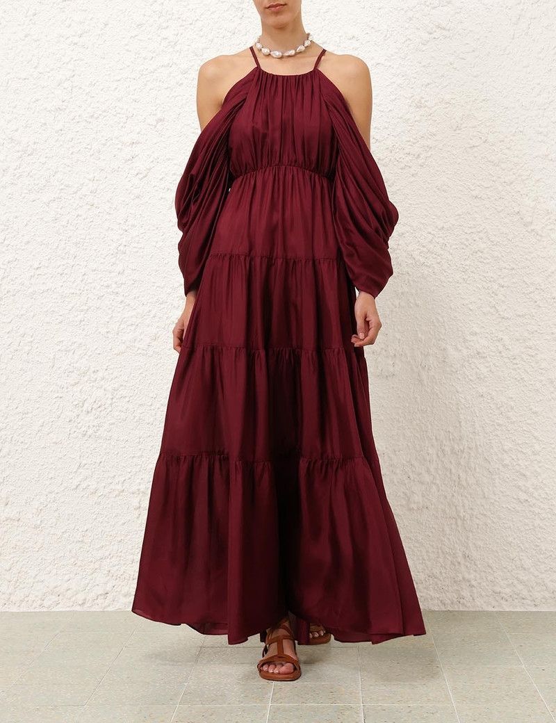 Zimmermann oc11z0226 Tallow Gathered Maxi Dress In Burgundy Size M / US 6-8 / IT 42-44 - 2 Thumbnail