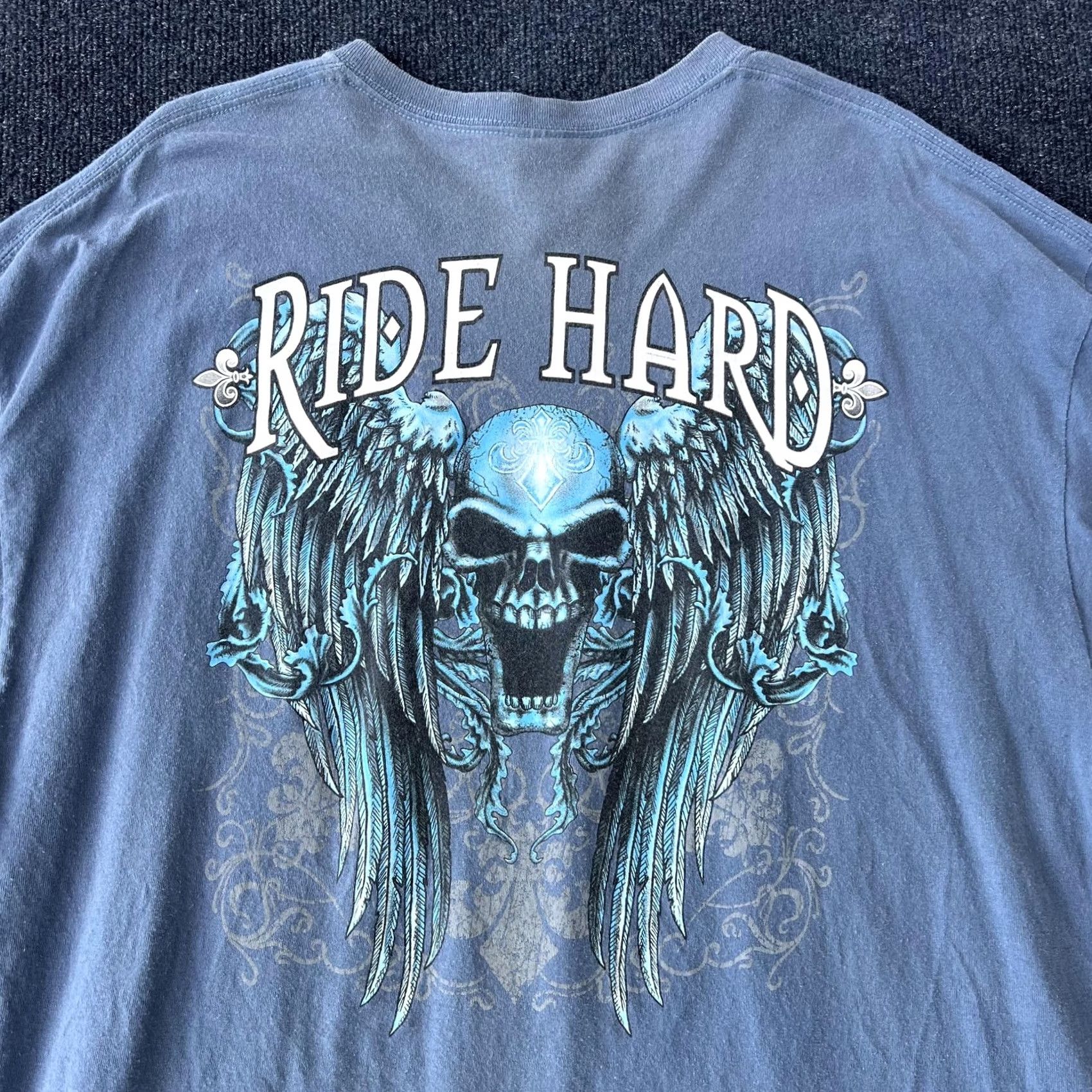 Gildan Ride Hard Shirt Mens 2XL Blue Skull Wings Biker Graphic Tee Gildan Heavy Cotton Size US XXL / EU 58 / 5 - 5 Thumbnail