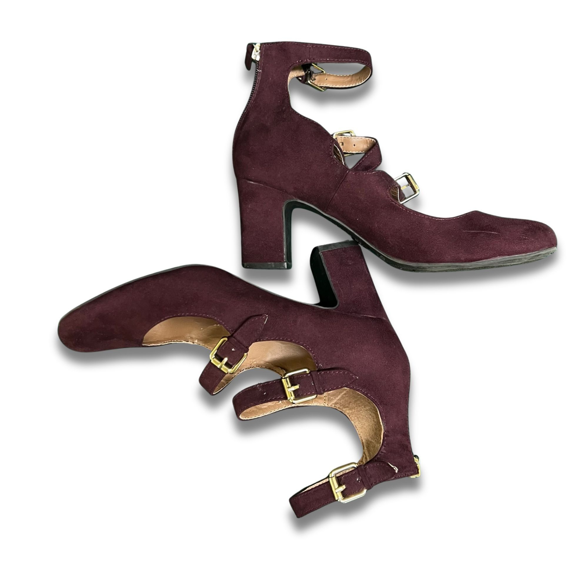 Other INDIGO Rd. Burgundy Strappy Suede Block Heels With Gold Buck Size US 8 / IT 38 - 4 Thumbnail