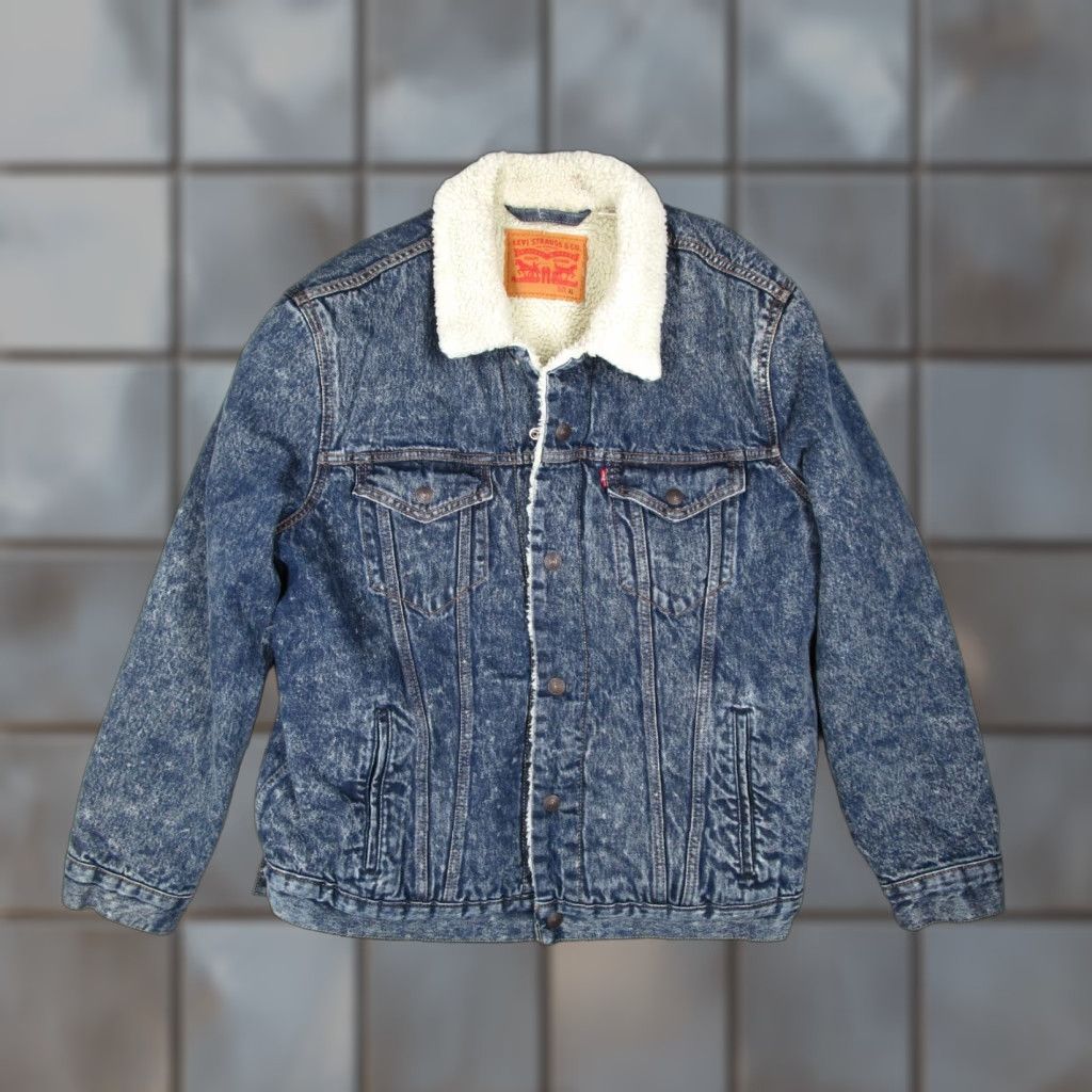 Levis Jacket Mens Extra Large Blue Snap Up Acid Wash Sherpa Lined Trucker Retro