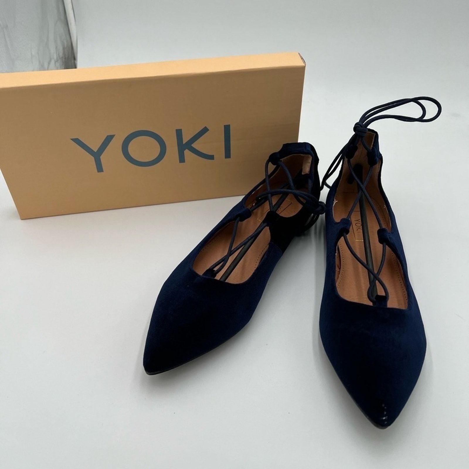 Other Yoki Women's Navy Blue Velvet Ballerina Ankle Lace Size US 7.5 / IT 37.5 - 2 Thumbnail