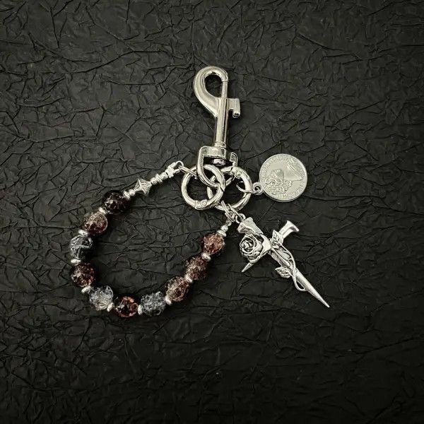 Jewelry Silver Beaded Keychain with Rose and Dagger Charms Size ONE SIZE - 6 Thumbnail