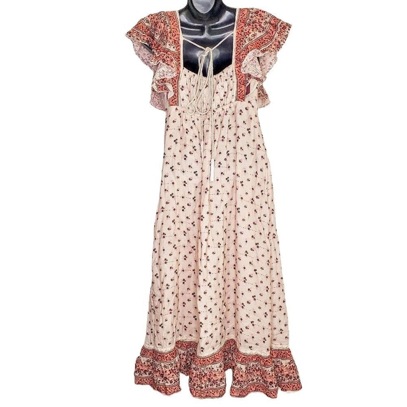 Anthropologie M.A.B.E. MABE Beige Pink Mira Print A Line Tiered Maxi Dress Size XS / US 0-2 / IT 36-38 - 6 Thumbnail