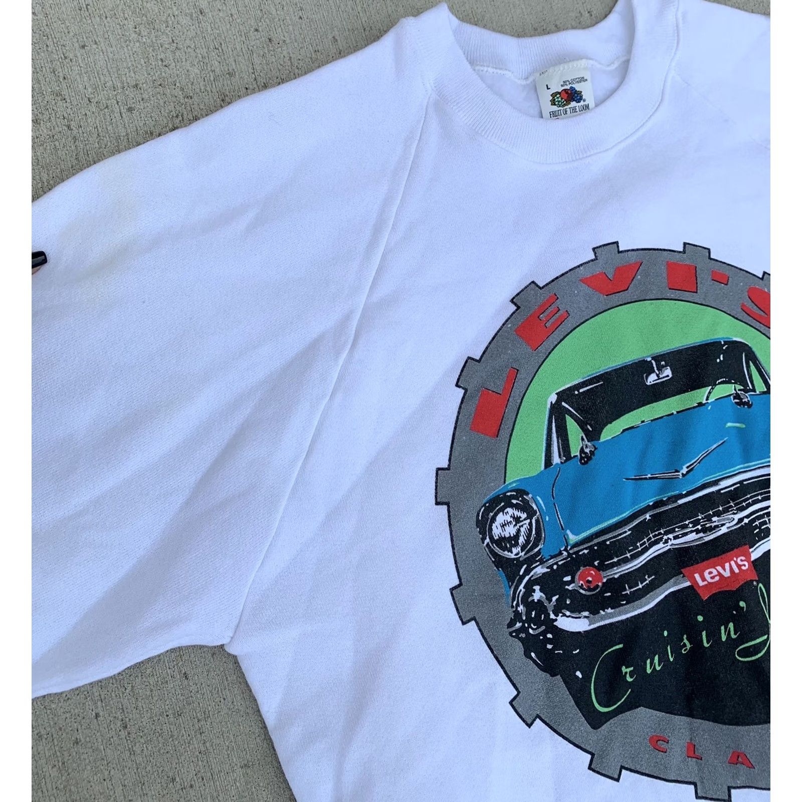 Fruit Of The Loom VINTAGE Fruit of the Loom Sweatshirt L White Cruisin’ In Blue Classics raglan sweatshirt 80s 90s American Cars Chevrolet Retro Men Size US L / EU 52-54 / 3 - 6 Thumbnail
