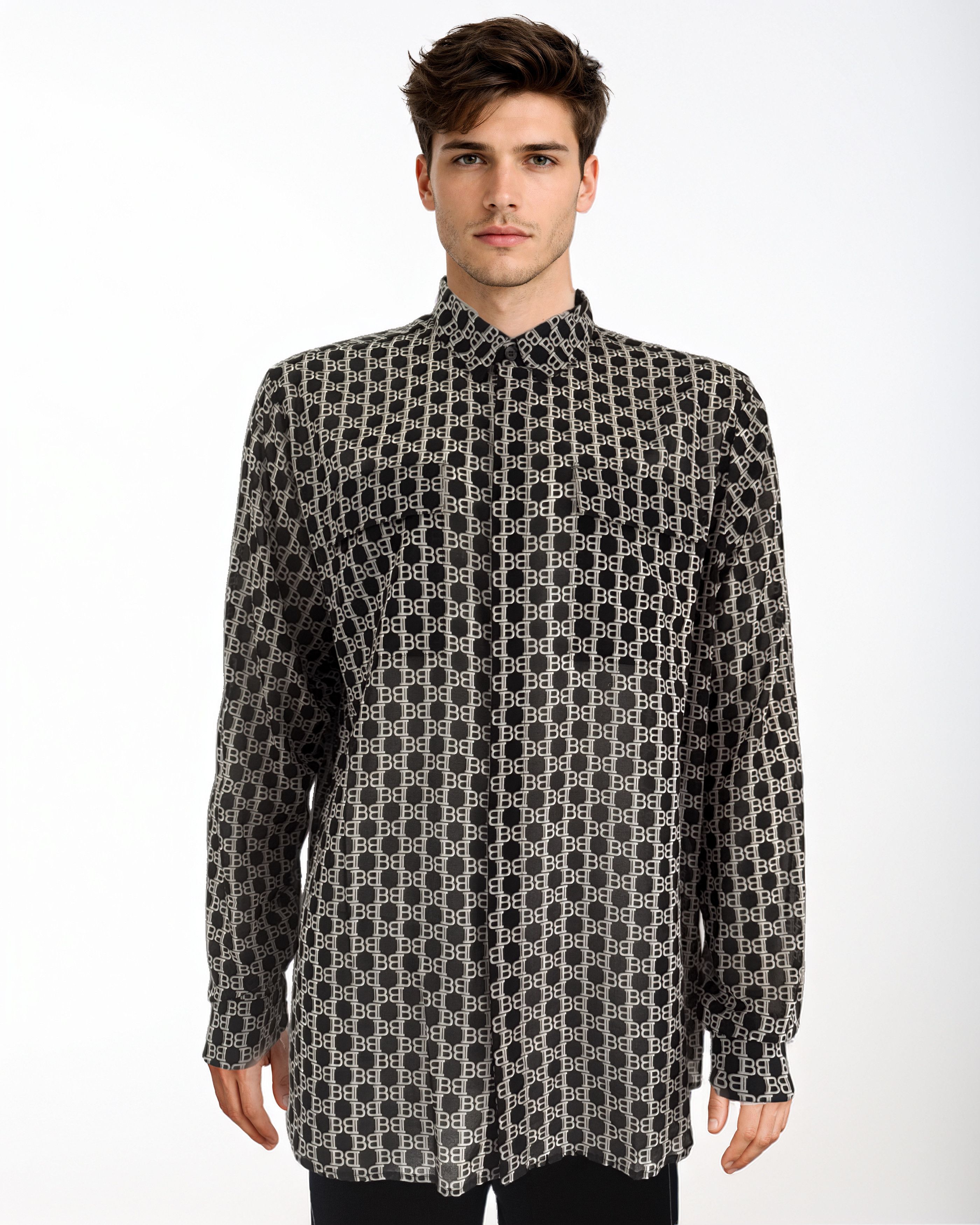 Balmain Monogram-Print Long-Sleeved Shirt Size US L / EU 52-54 / 3 - 1 Thumbnail
