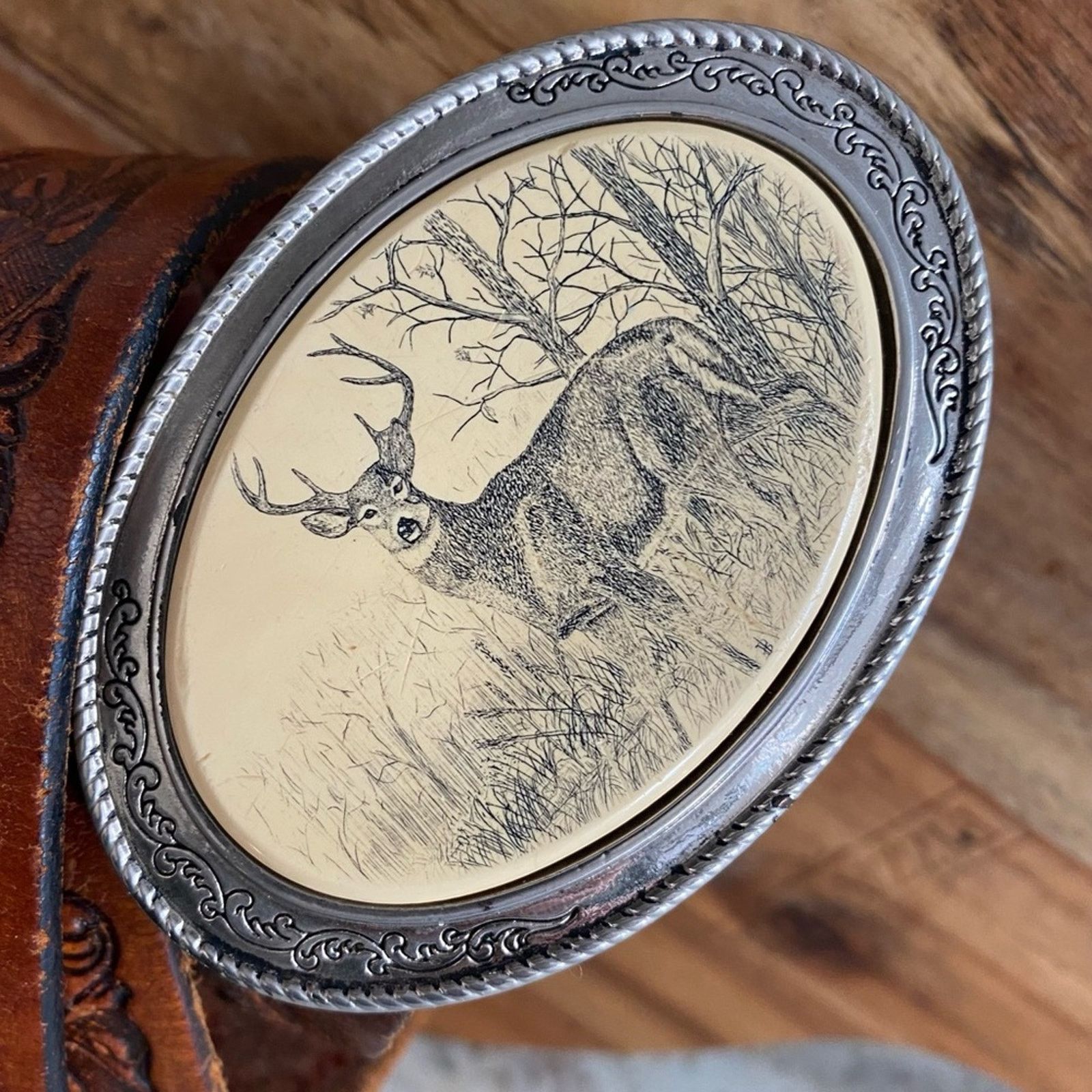 Vintage Vintage BARLOW USA Deer Stag Silver Tone Belt Buckle 38-43” Size 38 - 11 Thumbnail