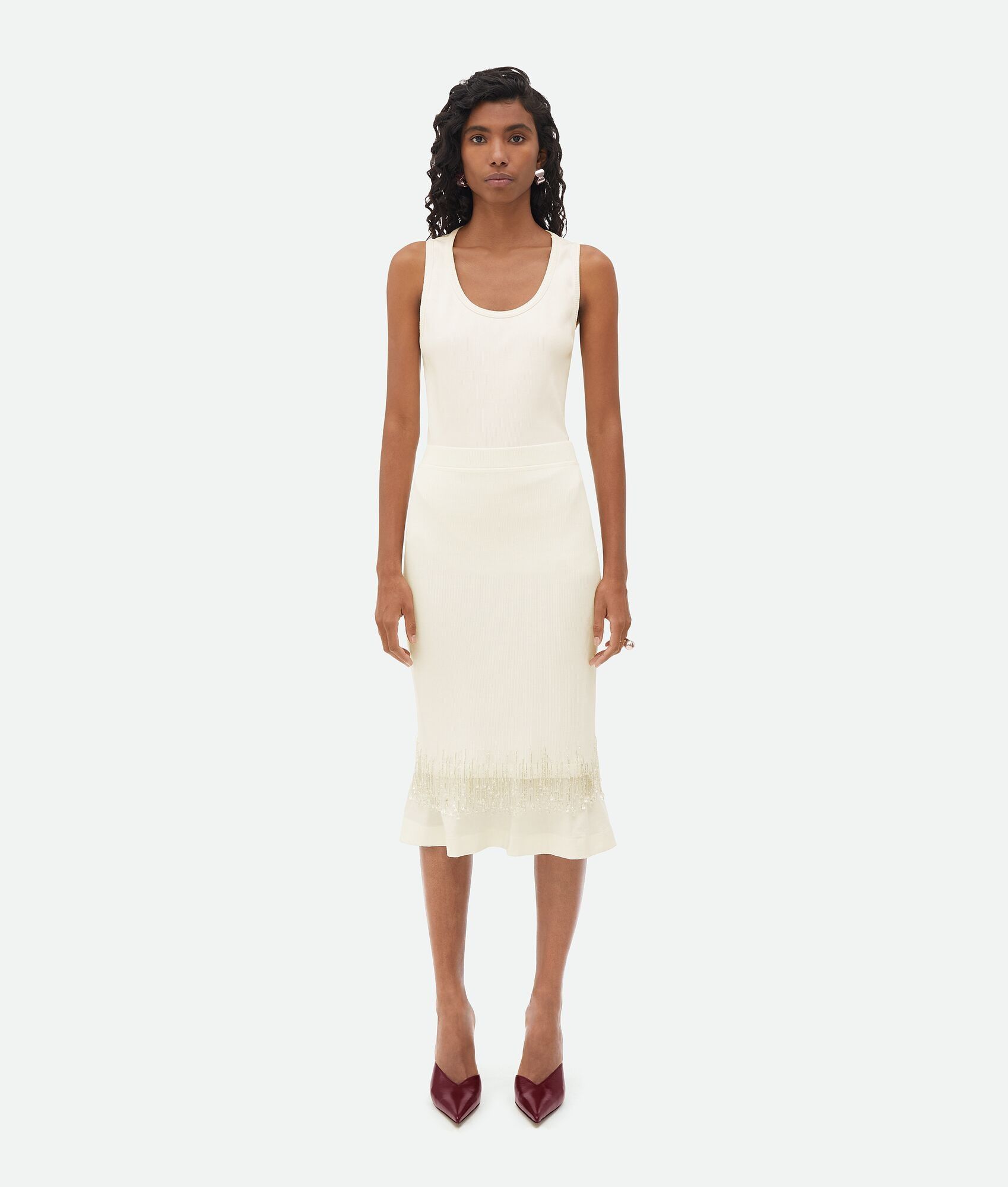 Bottega Veneta o1n1vont0325 Crystal Embroidered Jersey Midi Skirt in Chalk Size 25" / US 0 / IT 36 - 1 Thumbnail