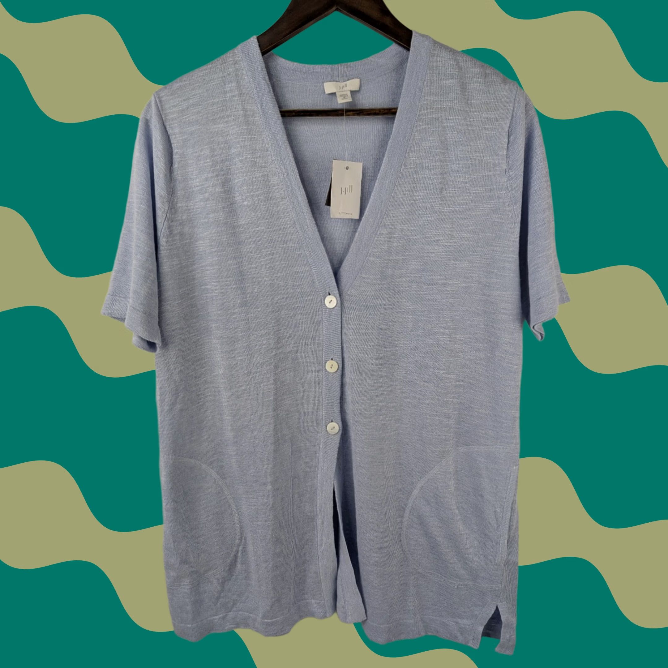 J. Jill NWT J. Jill Linen Blend Short Sleeve V-Neck Cardigan Pockets Pale Blue Size MP Women's Cardigan Linen Blend Size M / US 6-8 / IT 42-44 - 1 Thumbnail