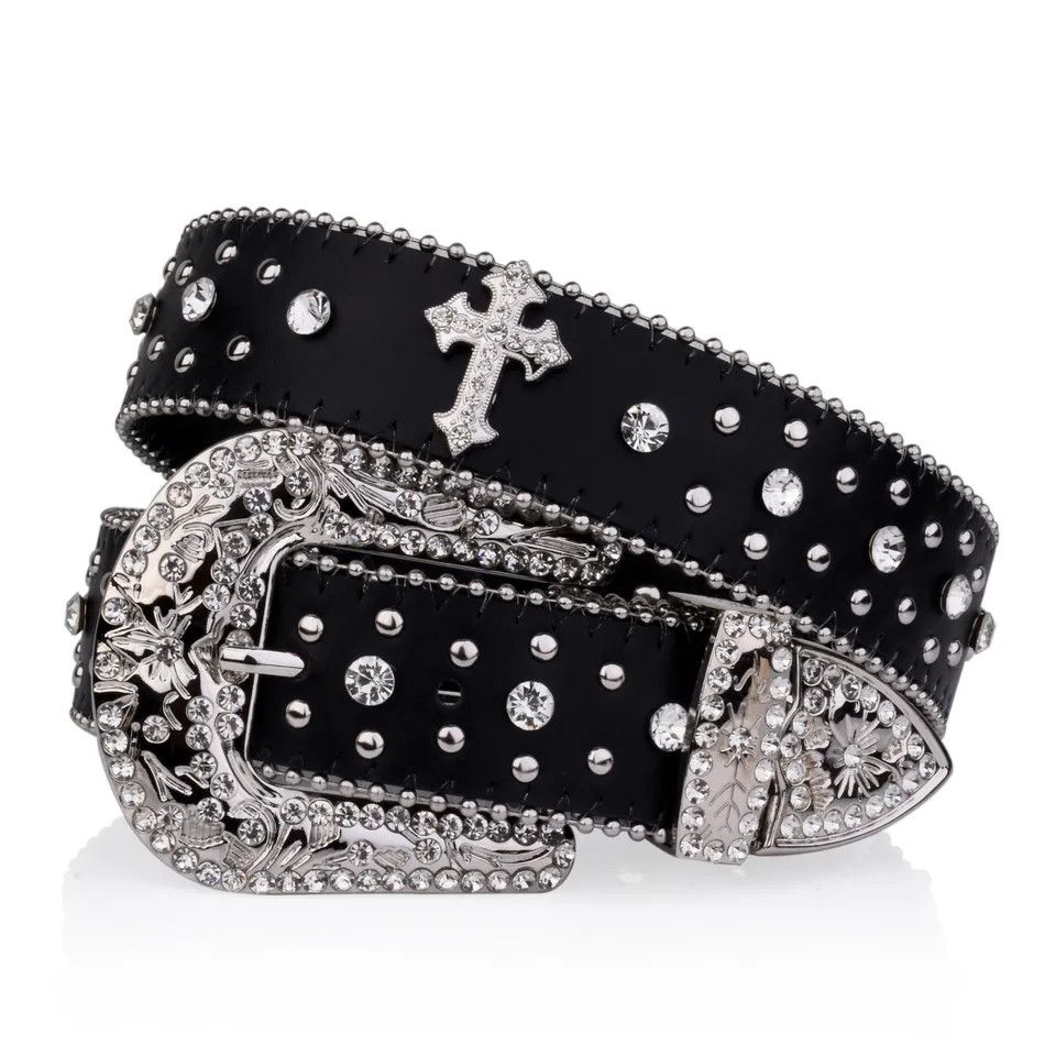 Japanese Brand × Leather Black Cross Rivet Belt Engraved Buckle Rhinestone Size ONE SIZE - 3 Thumbnail