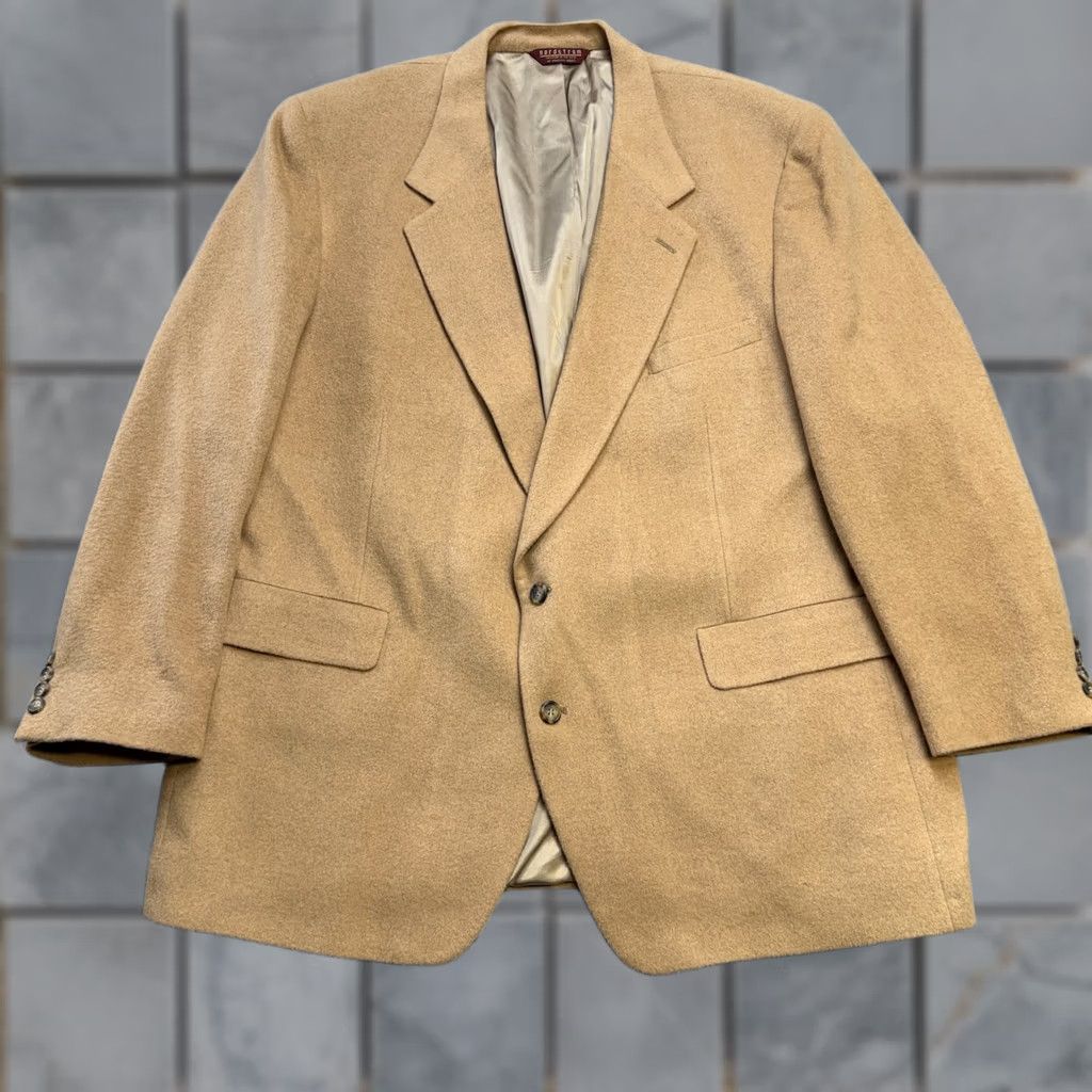 Nordstrom VTG Nordstrom Camel Hair Blazer Jacket Men's 50L Beige Solid Single-Breasted 2-Button Notch Lapel Old Money Academia Coat/Blazer Mens Size 50R - 1 Thumbnail
