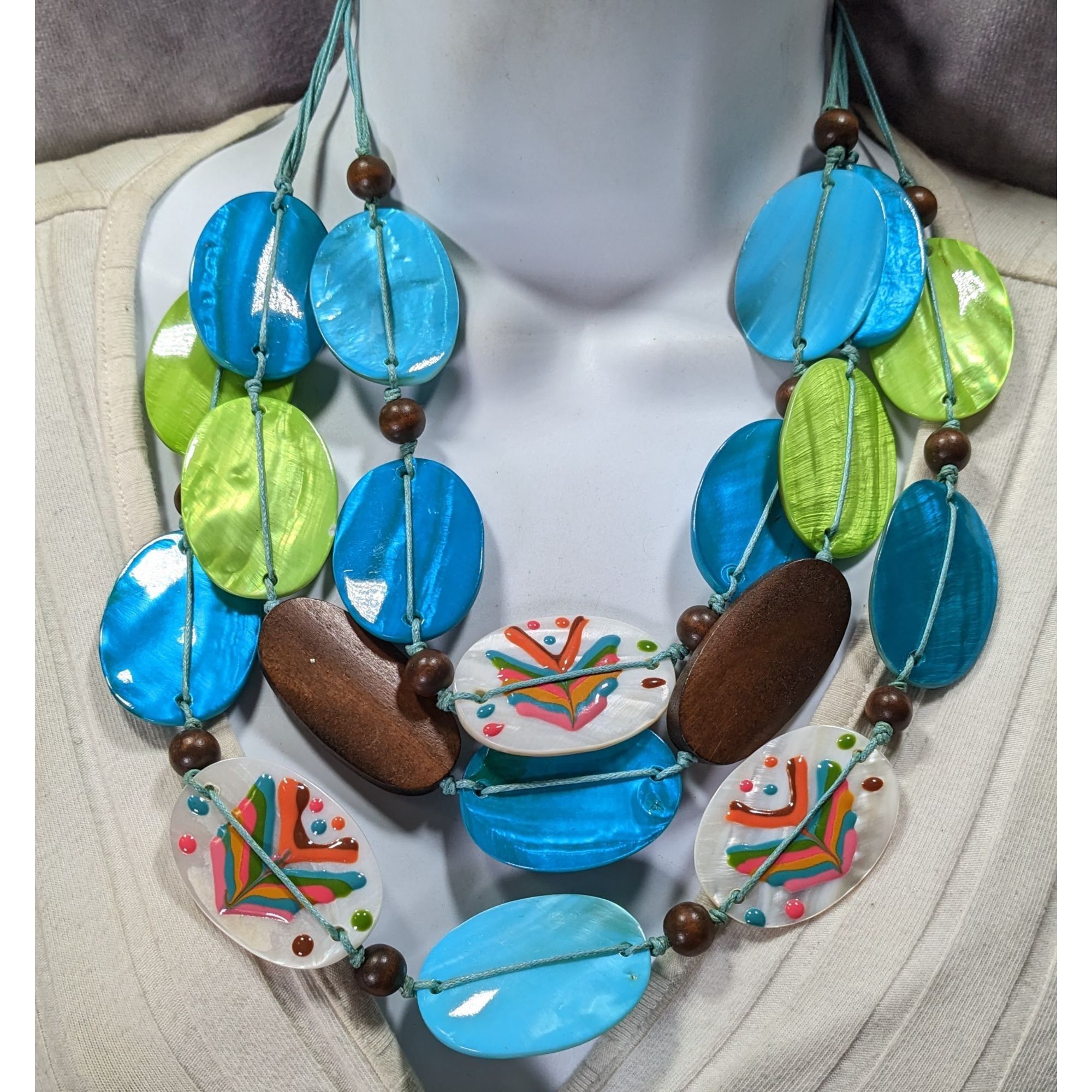 Other Vintage Boho Necklace W/ Blue Green & Hand-Painted Shell Bea Size ONE SIZE - 4 Thumbnail