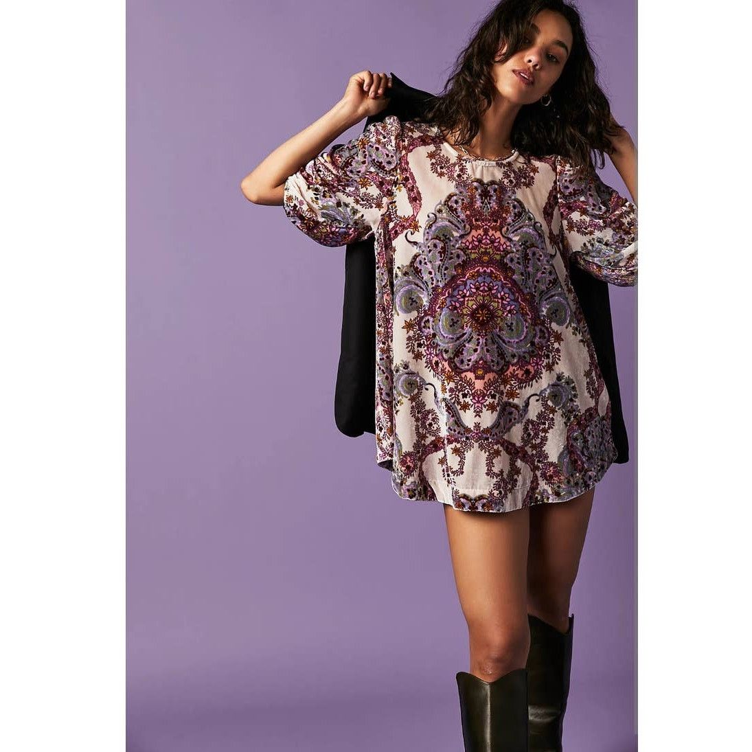 Free People New Maye Velvet Tunic Mini Dress $148 X-SMALL Oversized Top Size XS / US 0-2 / IT 36-38 - 1 Thumbnail