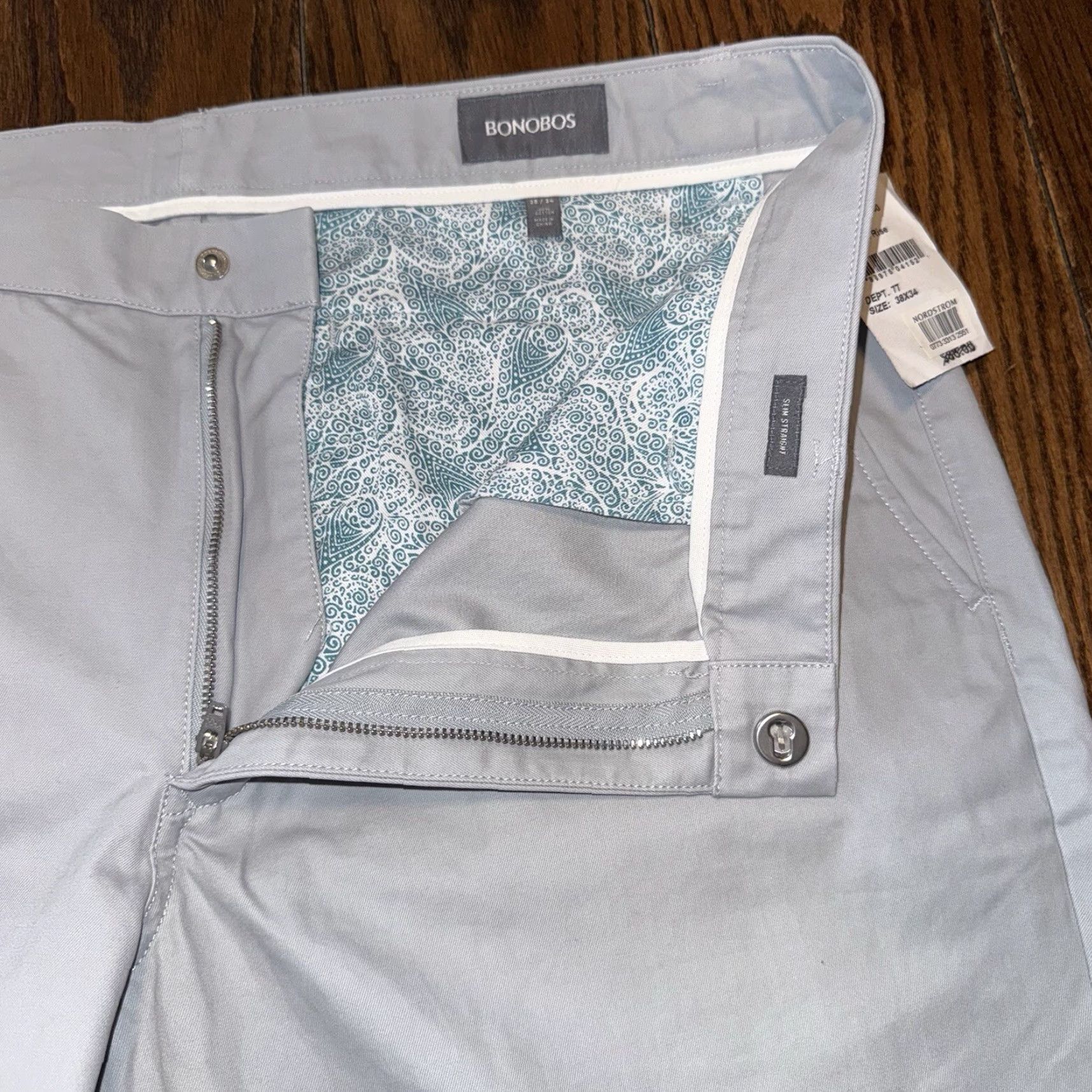 Bonobos Pants Mens 38x34 Slim Straight Gray - Regular Size - Bonobos - Chino - Men's Pants