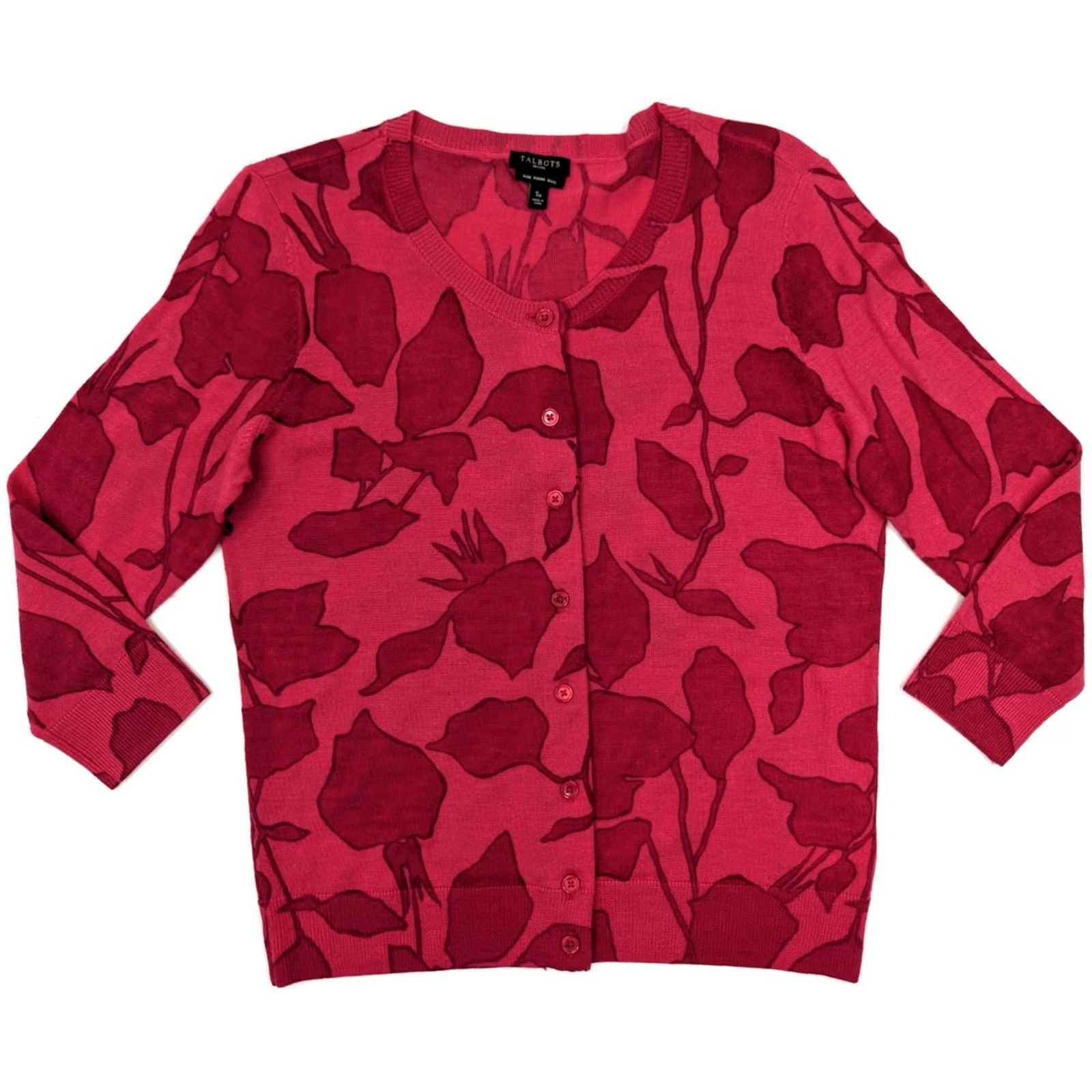 Talbots Talbots Cardigan Women S Petite Merino Wool Red Pink Rose Floral Abstract Knit Crew Neck Buttons Size S / US 4 / IT 40 - 2 Thumbnail