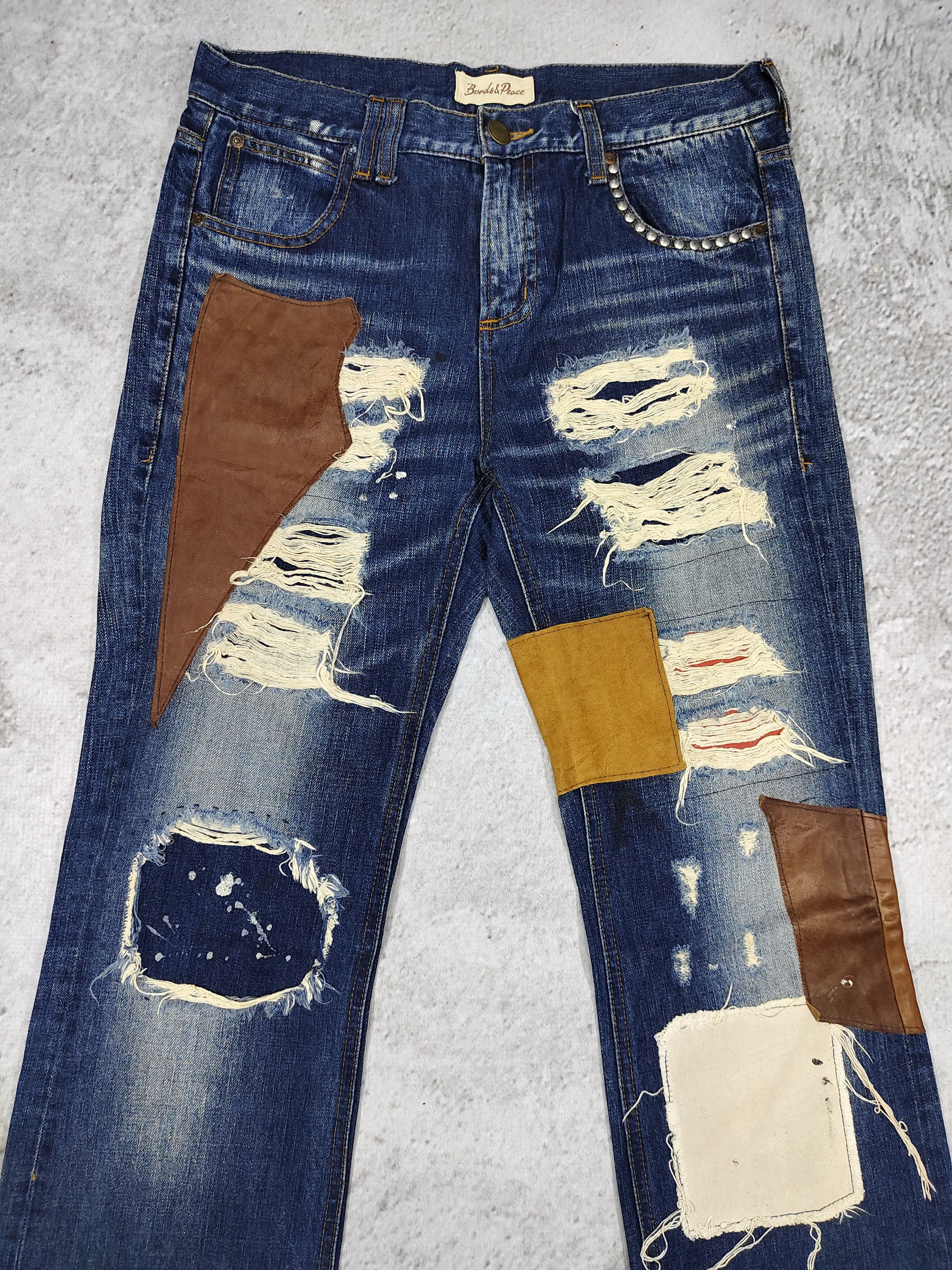 If Six Was Nine Bonds&Peace🇯🇵 Grunge Punk Rock Distressed Patchwork Jeans Size US 31 - 2 Thumbnail