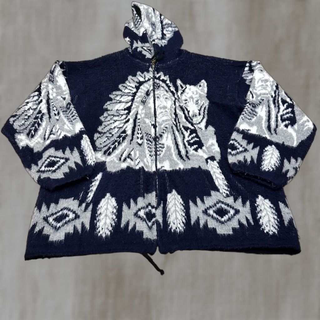 VINTAGE Tejidos Sweater Men’s L Wool Full Zip Hooded Crew Neck Geometric Knit 90s Aztec Tribal Blue Pockets