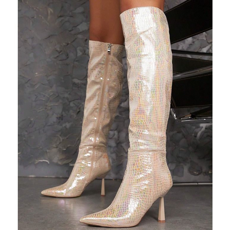 Other Sharp Champagne Cream Hologram Snake Print High Heel Knee Bo Size US 7 / IT 37 - 9 Thumbnail