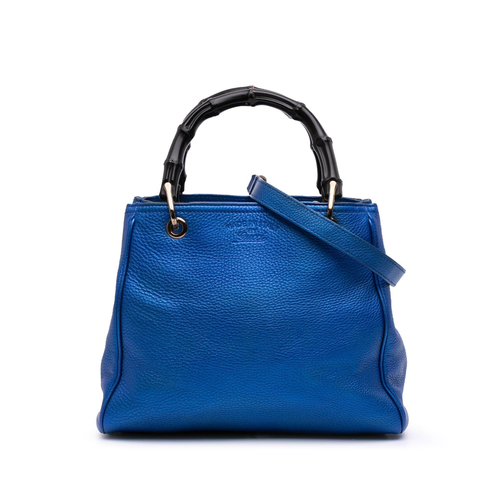 Small Metallic Calfskin Bamboo Shopper Satchel