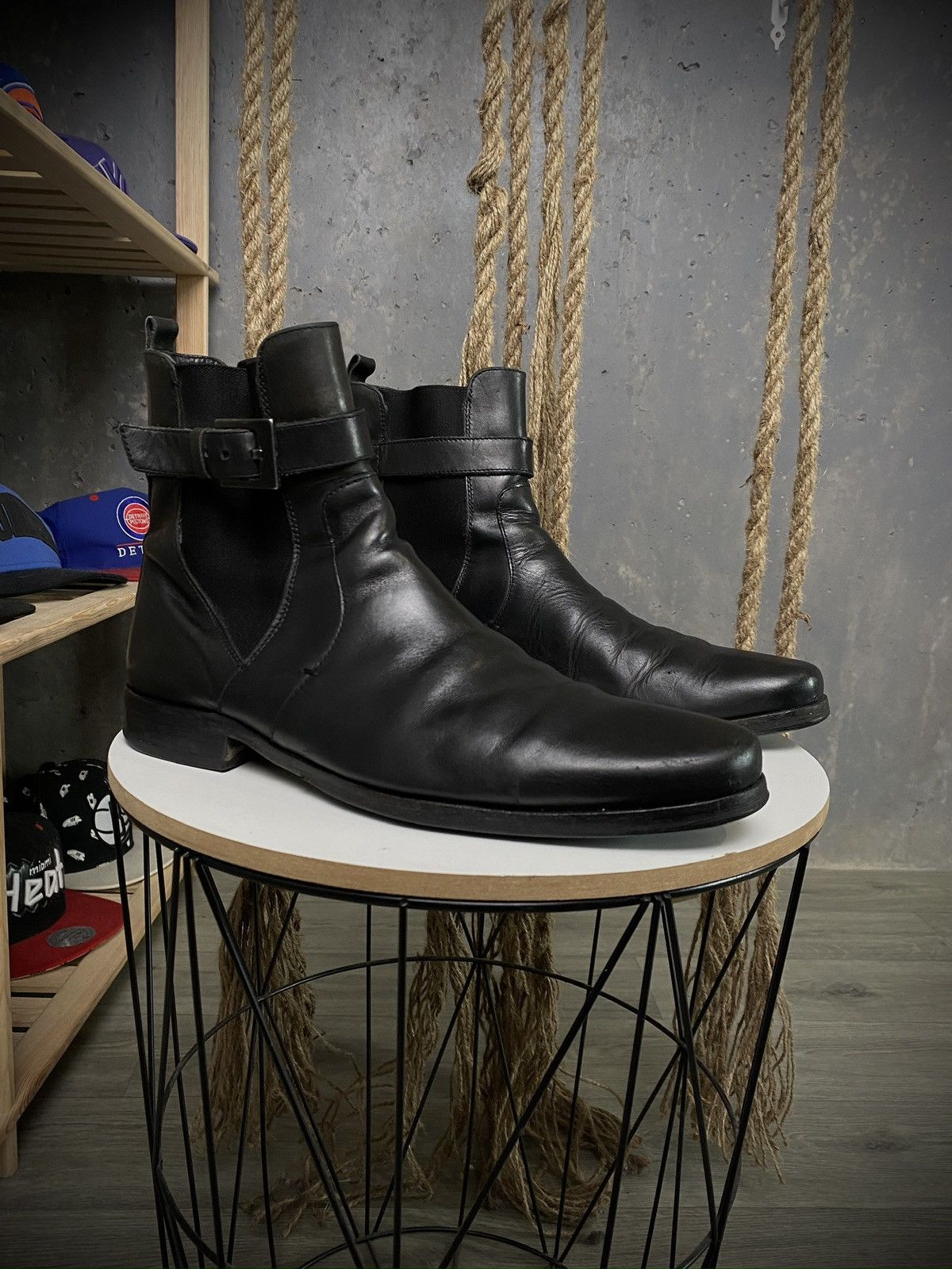 image of Avant Garde x Emporio Armani Buckle Strapped Chelsea Leather Boots in Black, Men's (Size 9)