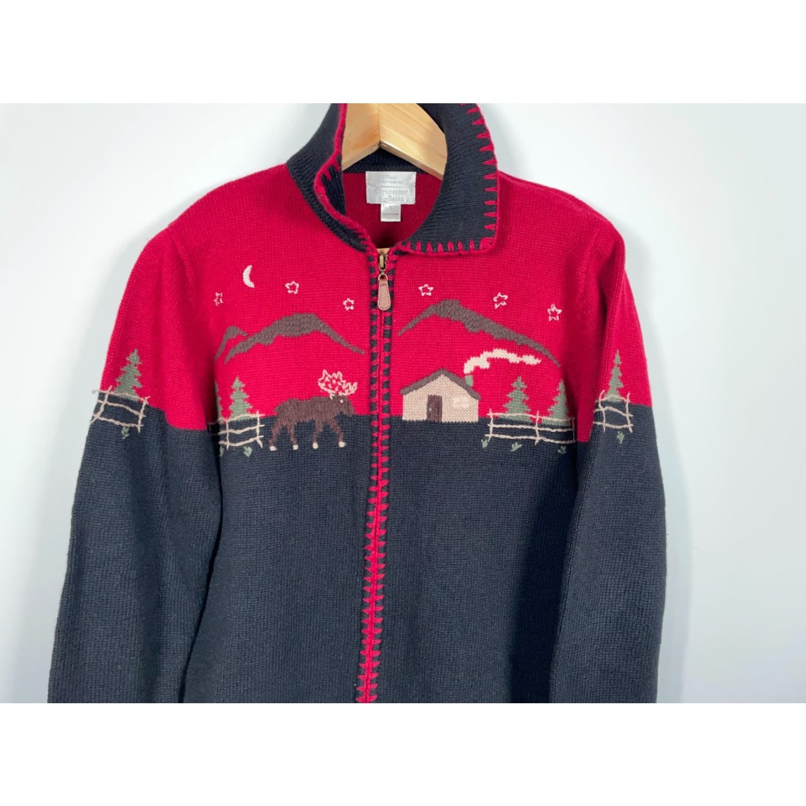 Vintage VINTAGE Hand Embroidered Scenic Nature Zip Cardigan Women's Large Black Red Moose 2002 Size L / US 10 / IT 46 - 4 Thumbnail