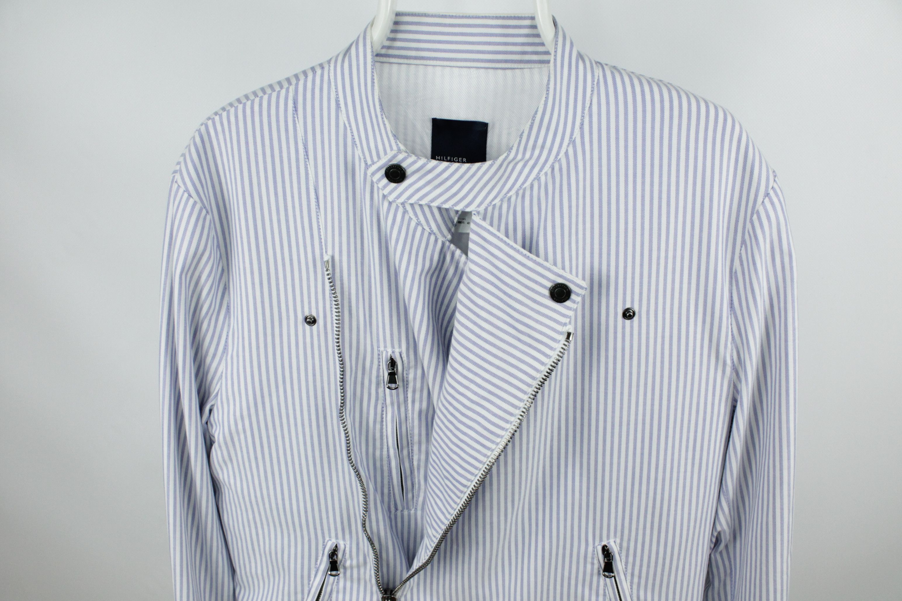 Tommy Hilfiger Hilfiger Collection White/Blue Striped Cotton Biker Jacket Size US L / EU 52-54 / 3 - 3 Thumbnail