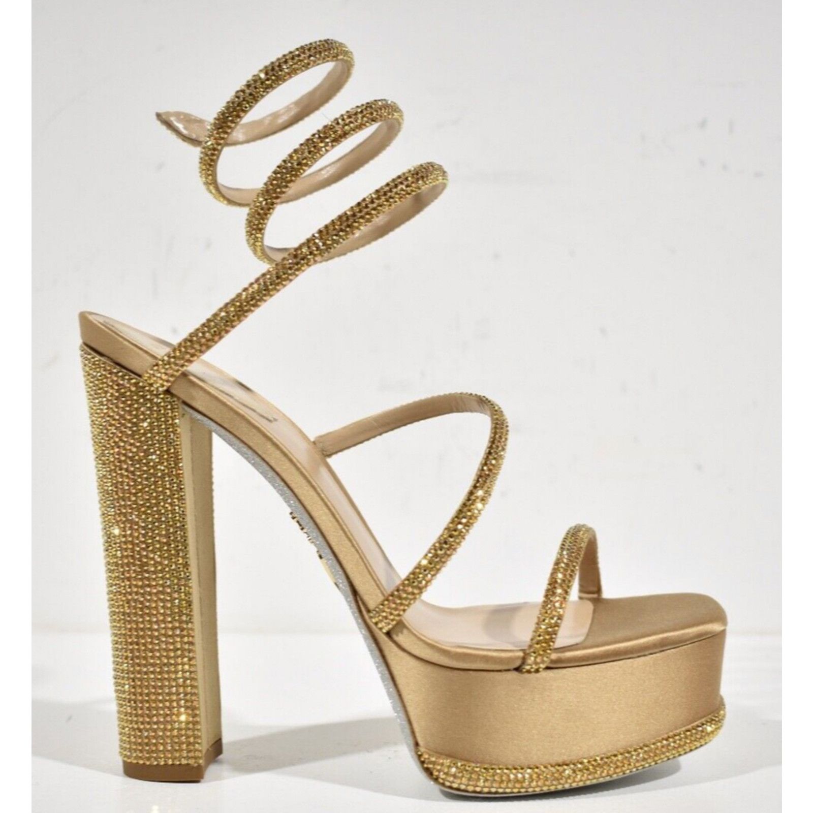 Rene Caovilla Cleo Platform Crystal Wrap Strap Sandal Block Heel Pump 37.5 Size US 7.5 / IT 37.5 - 2 Thumbnail