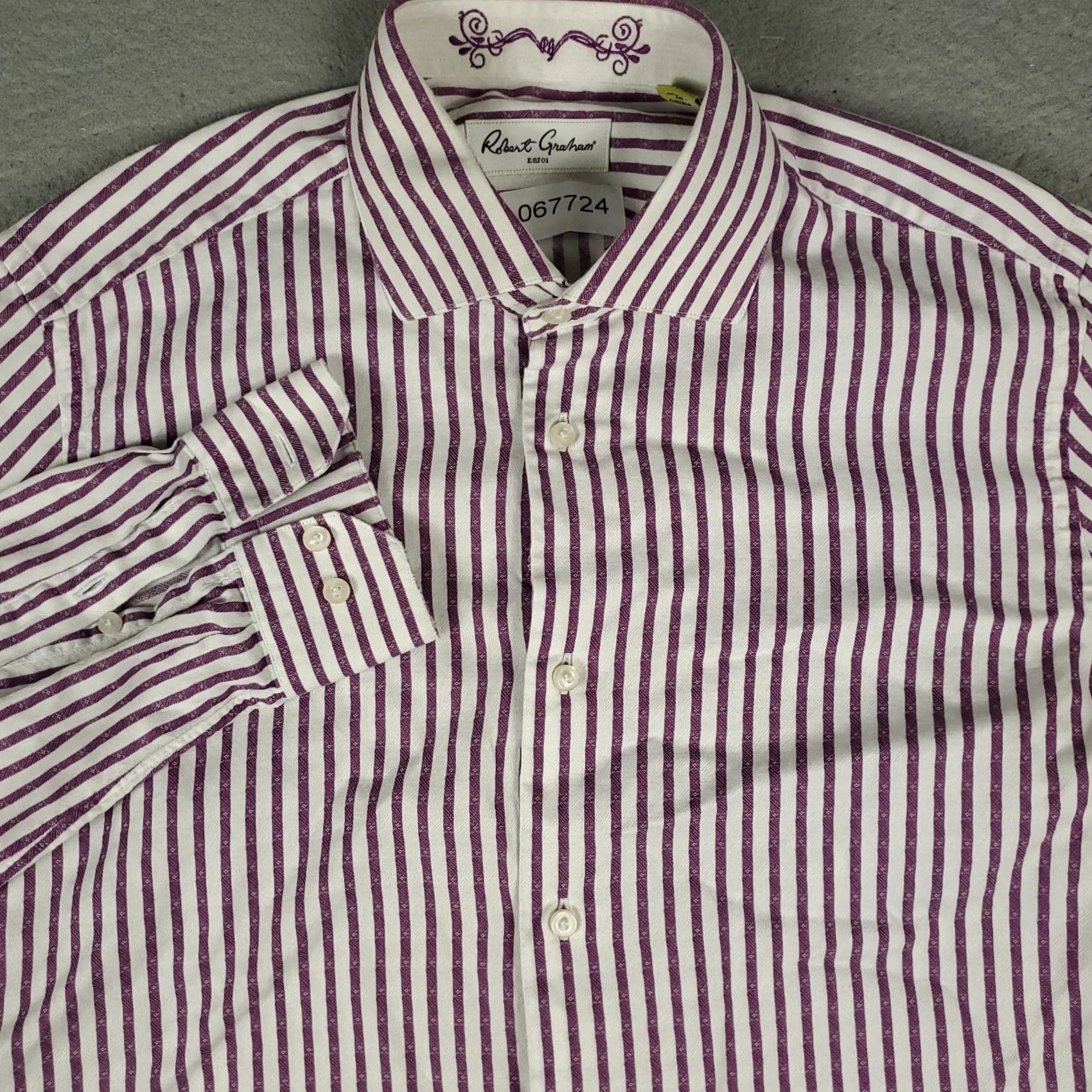 Robert Graham Robert Graham Shirt Mens Size 15.5 White Purple Striped Dress Button Up Size 42R - 2 Thumbnail