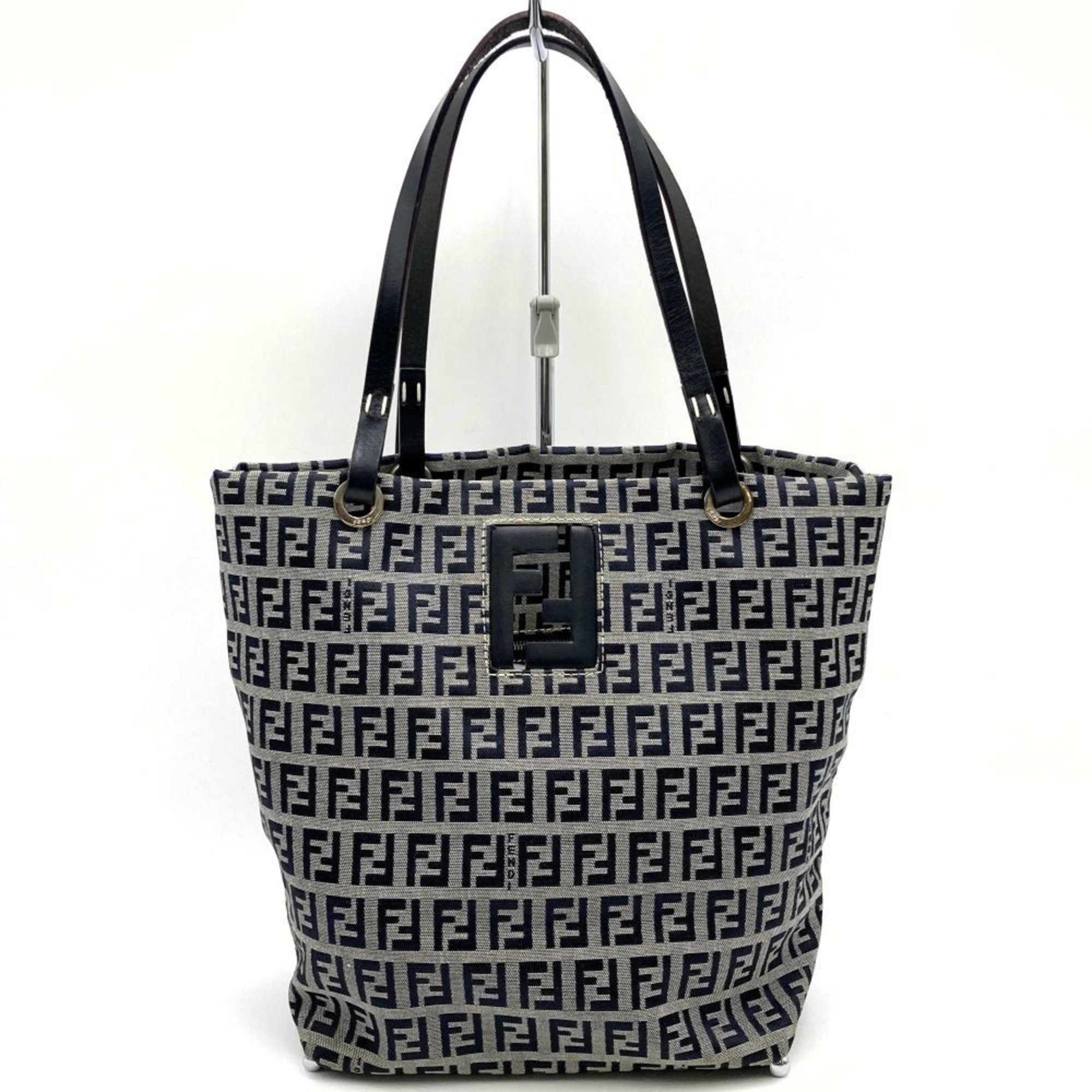 image of Fendi Handbag Zucchino Pattern Navy Canvas Leather Women's in Blue