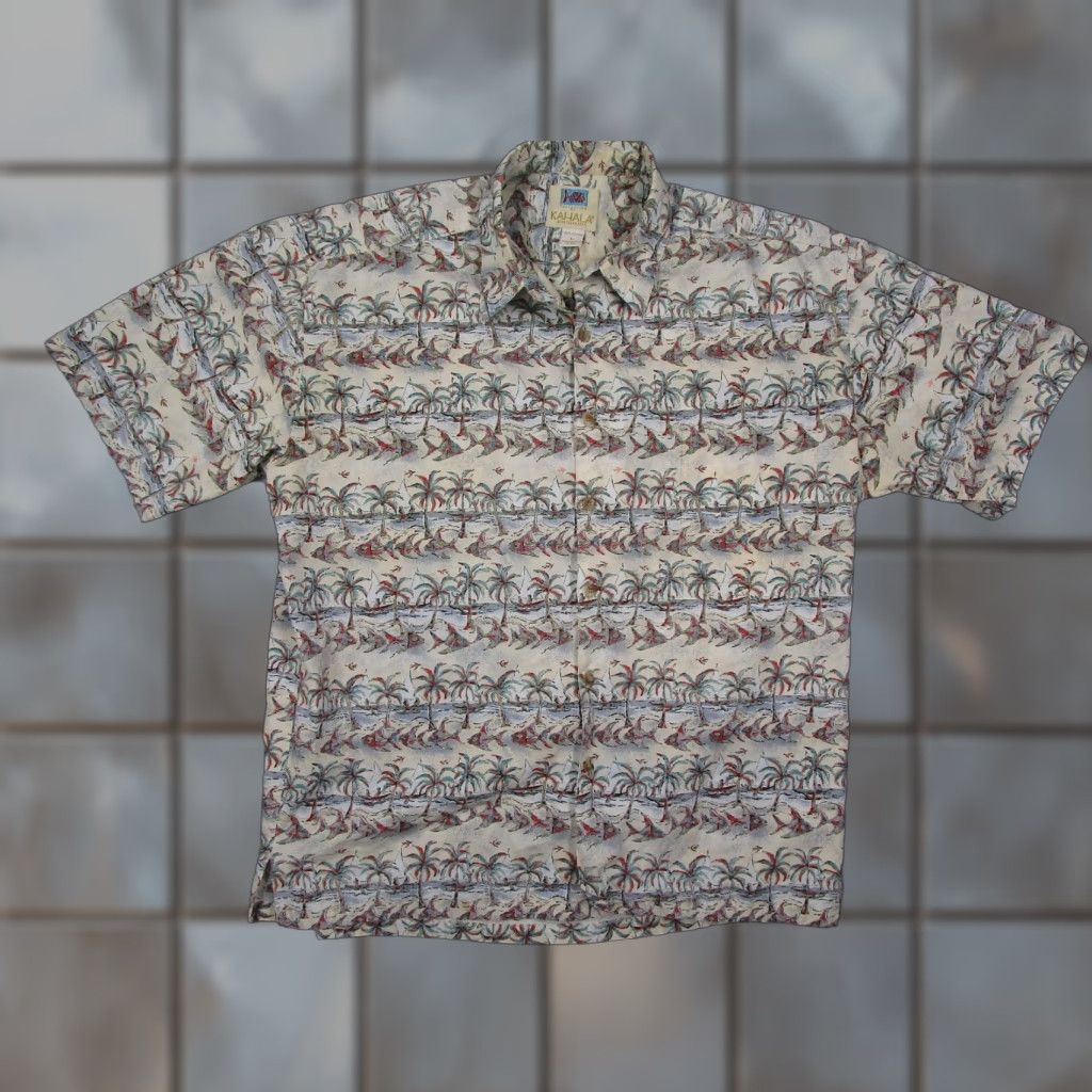 Vintage Kahala Avi Collection Mens Beige Short Sleeve Button Up Hawaiian Shirt - Made in USA - 100% Cotton - Size L Size US L / EU 52-54 / 3 - 1 Thumbnail