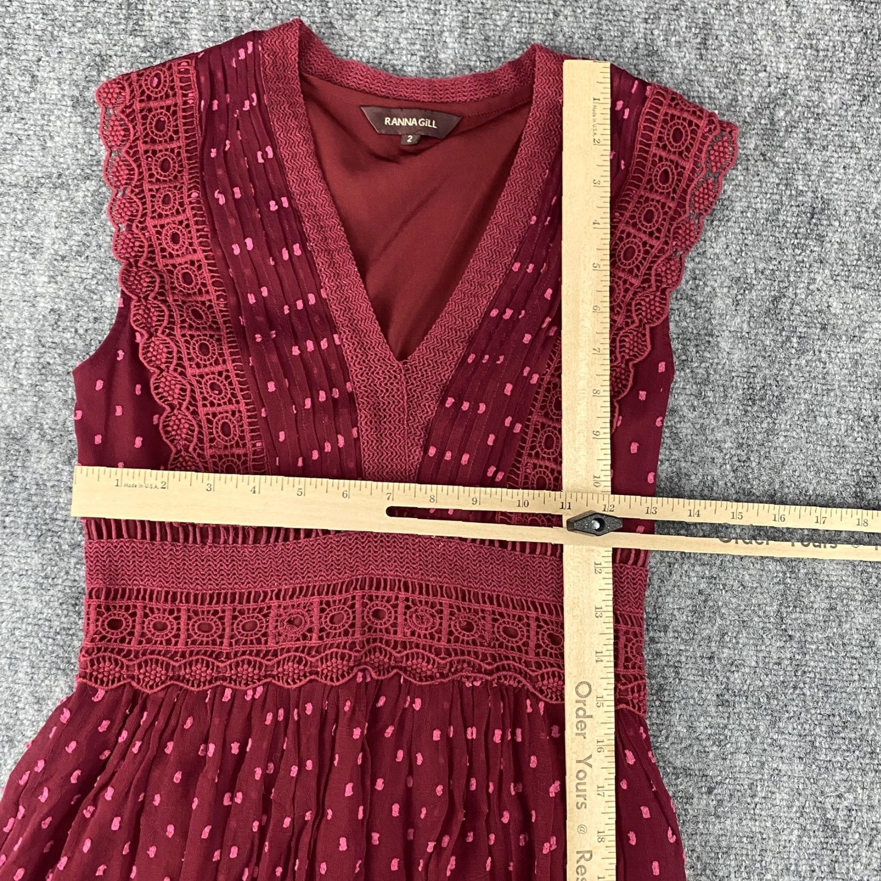 Vintage Ranna Gill Dress Womens 2 Burgundy Clip Dot Crochet Lace V-Neck Sleeveless Boho Dress Clip Dot Burgundy V-Neck Sleeveless Womens Size XS / US 0-2 / IT 36-38 - 6 Thumbnail