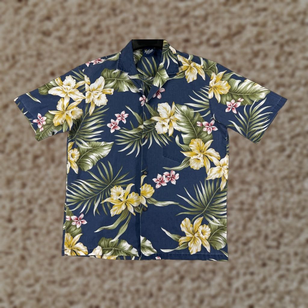 Vintage VINTAGE Royal Creations Hawaiian Shirt Mens Button-Up Dark Blue Floral Palm Plumeria Poly Blend M Short Sleeve Collared Casual Beach Aloha 70s 80s Size US M / EU 48-50 / 2 - 1 Thumbnail