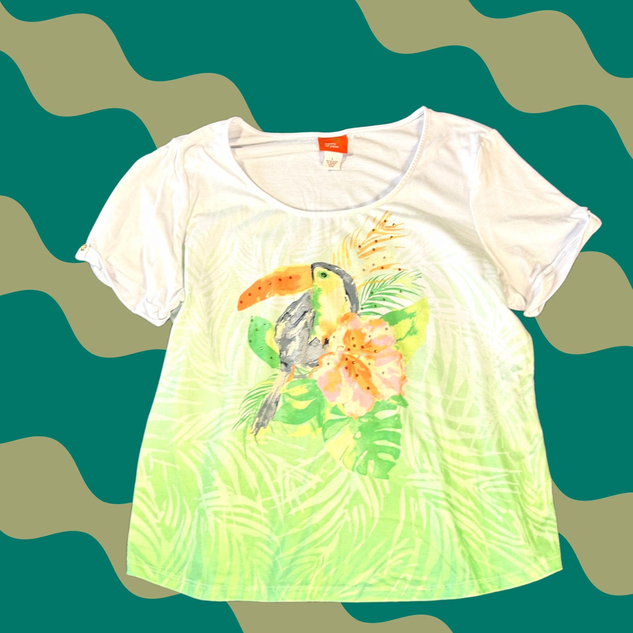 Vintage VINTAGE Heart of Palm White Green Tee Large Tropical Floral Beach Mcbling Graphic Toucan Y2k Women Size L / US 10 / IT 46 - 1 Thumbnail