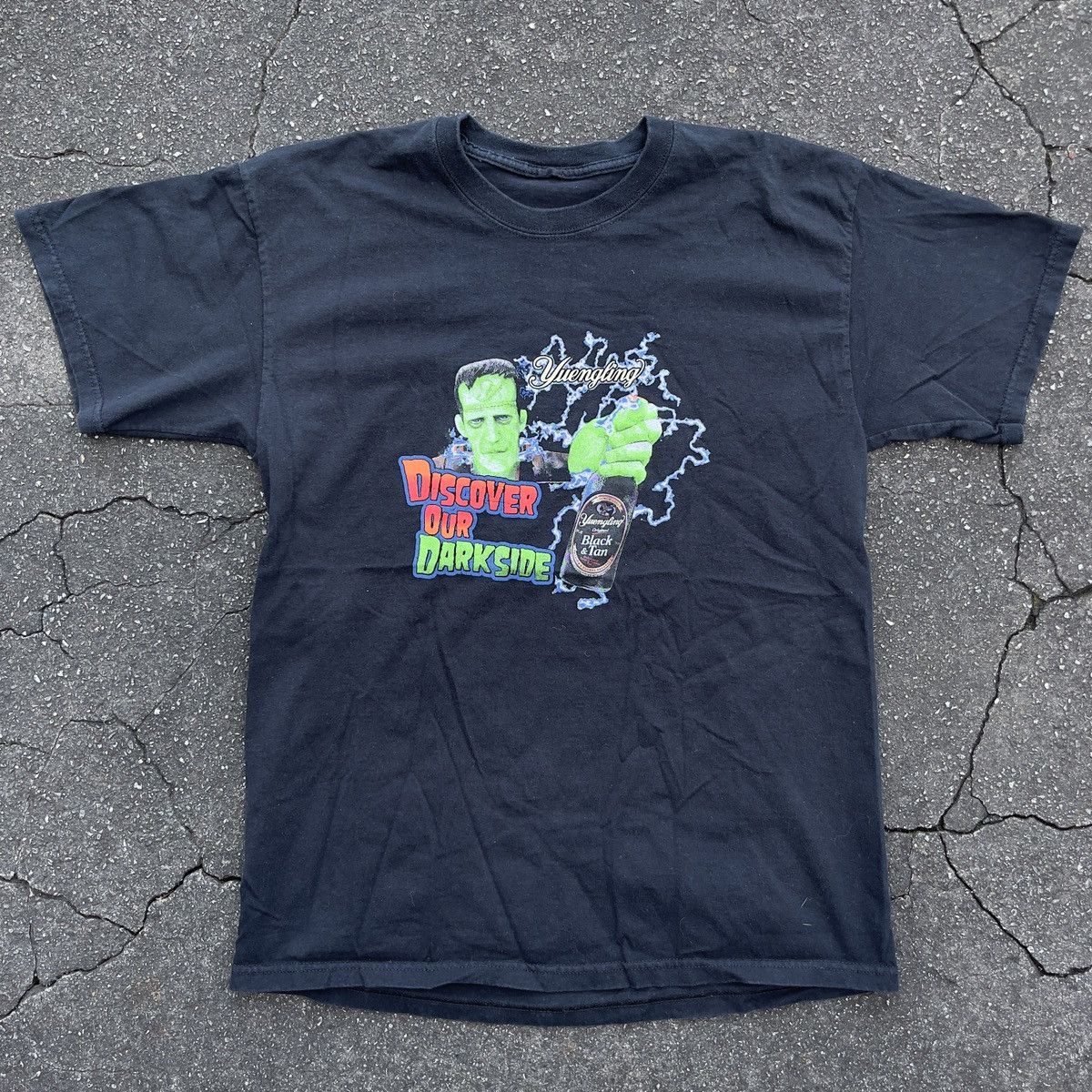 image of Movie x Vintage Yuengling Check Out Our Darkside Frankenstein Shirt in Black, Men's (Size Medium)