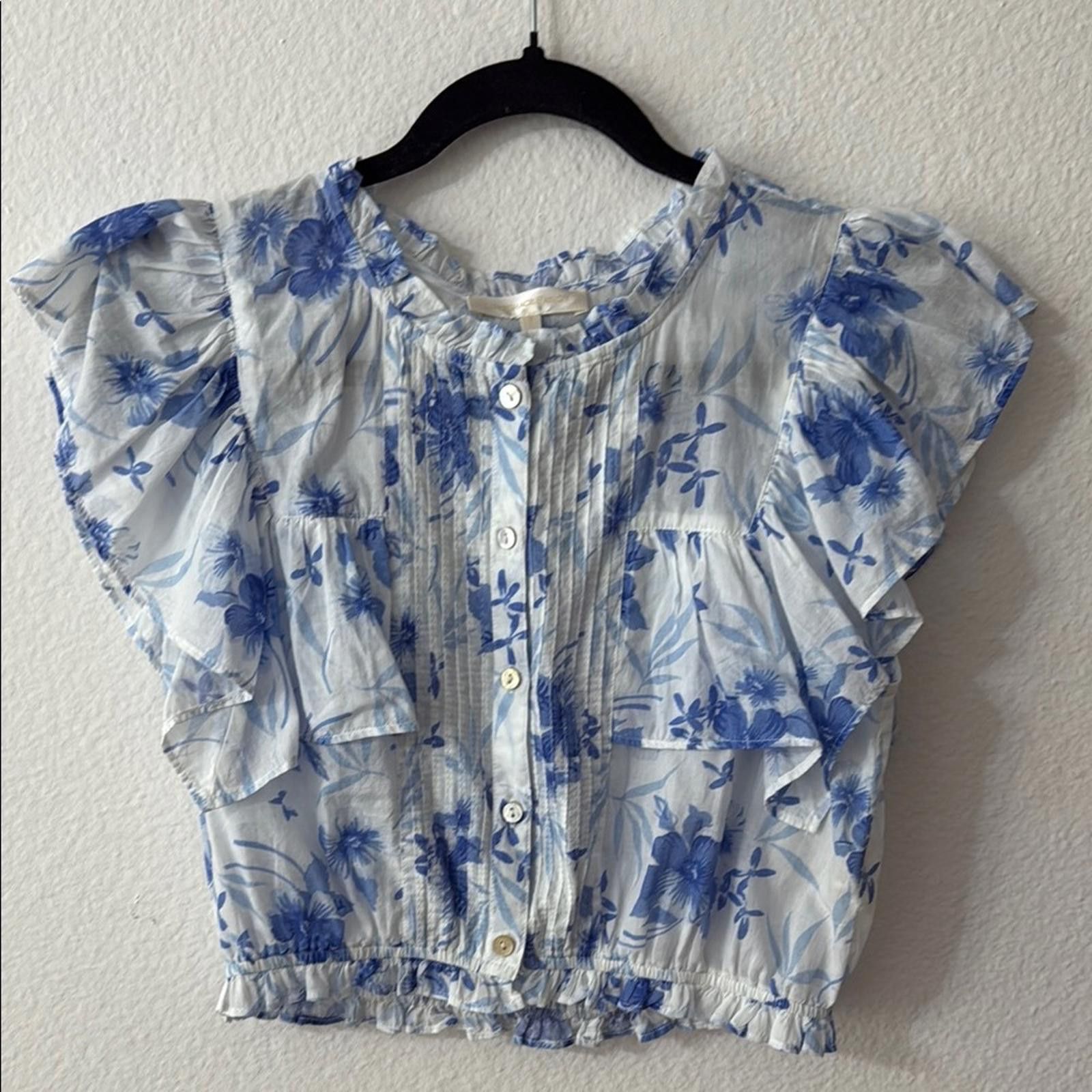 Other LoveShackFancy Blue and White Flutter Sleeve Cropped Blouse Size S / US 4 / IT 40 - 1 Thumbnail