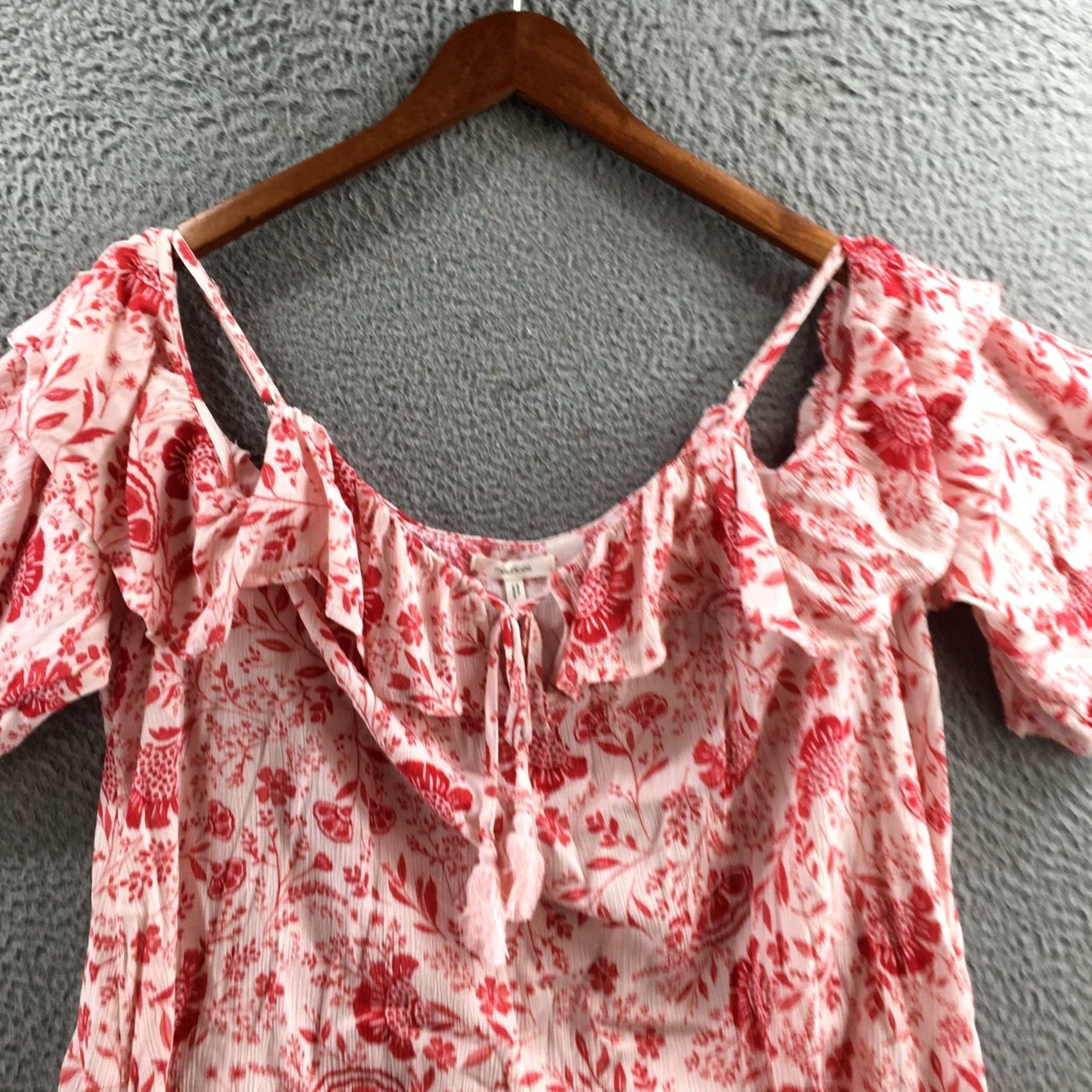 Vintage Maurices Blouse Shirt Womens XL Red Floral Print Ruffled Cold Shoulder Casual NEW Size XL / US 12-14 / IT 48-50 - 2 Thumbnail