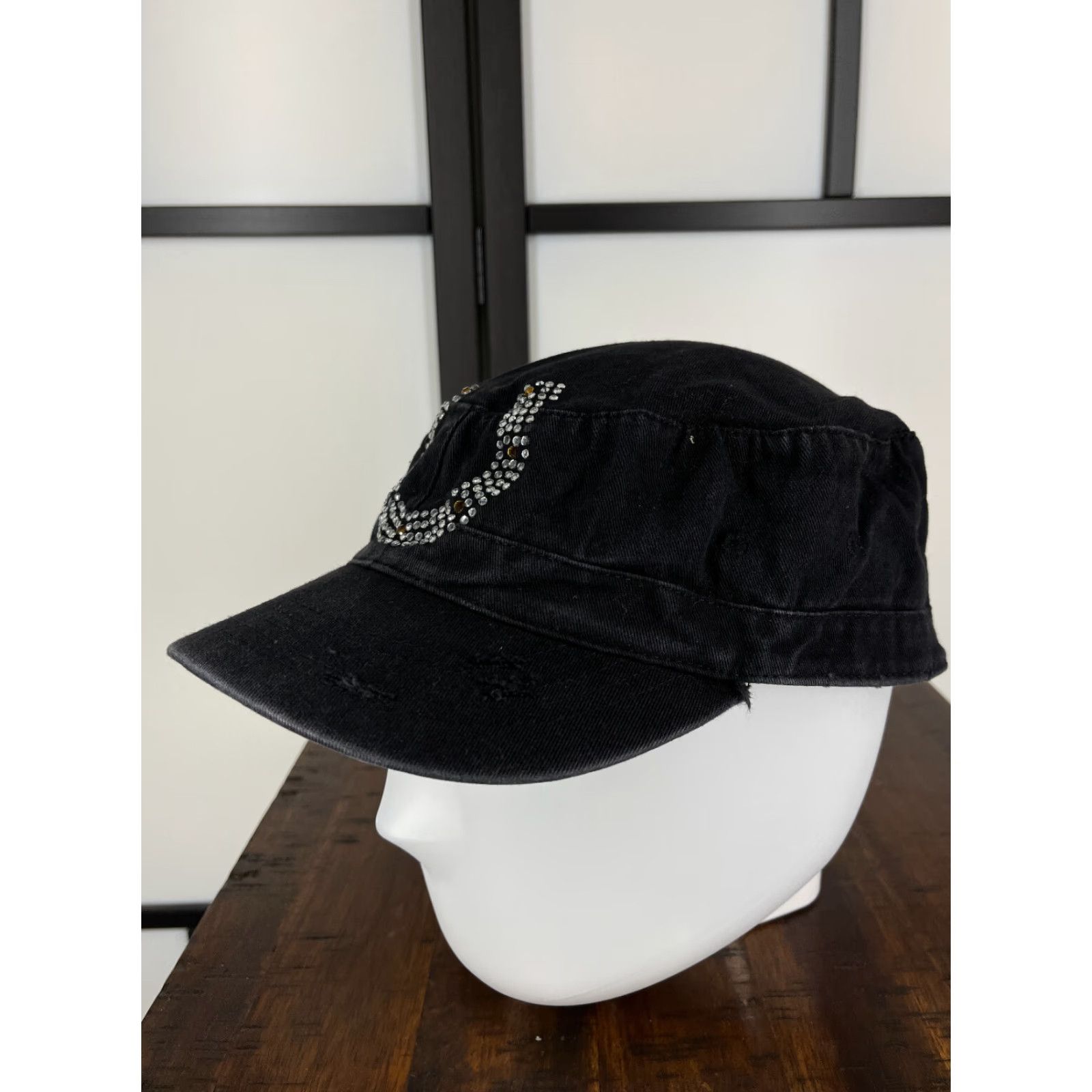 Vintage JFH Headwear Hat Womens One Size Blue Horseshoe Army Cap Strap Back Rhinestone Bling Jewel Casino Distressed Size ONE SIZE - 4 Thumbnail