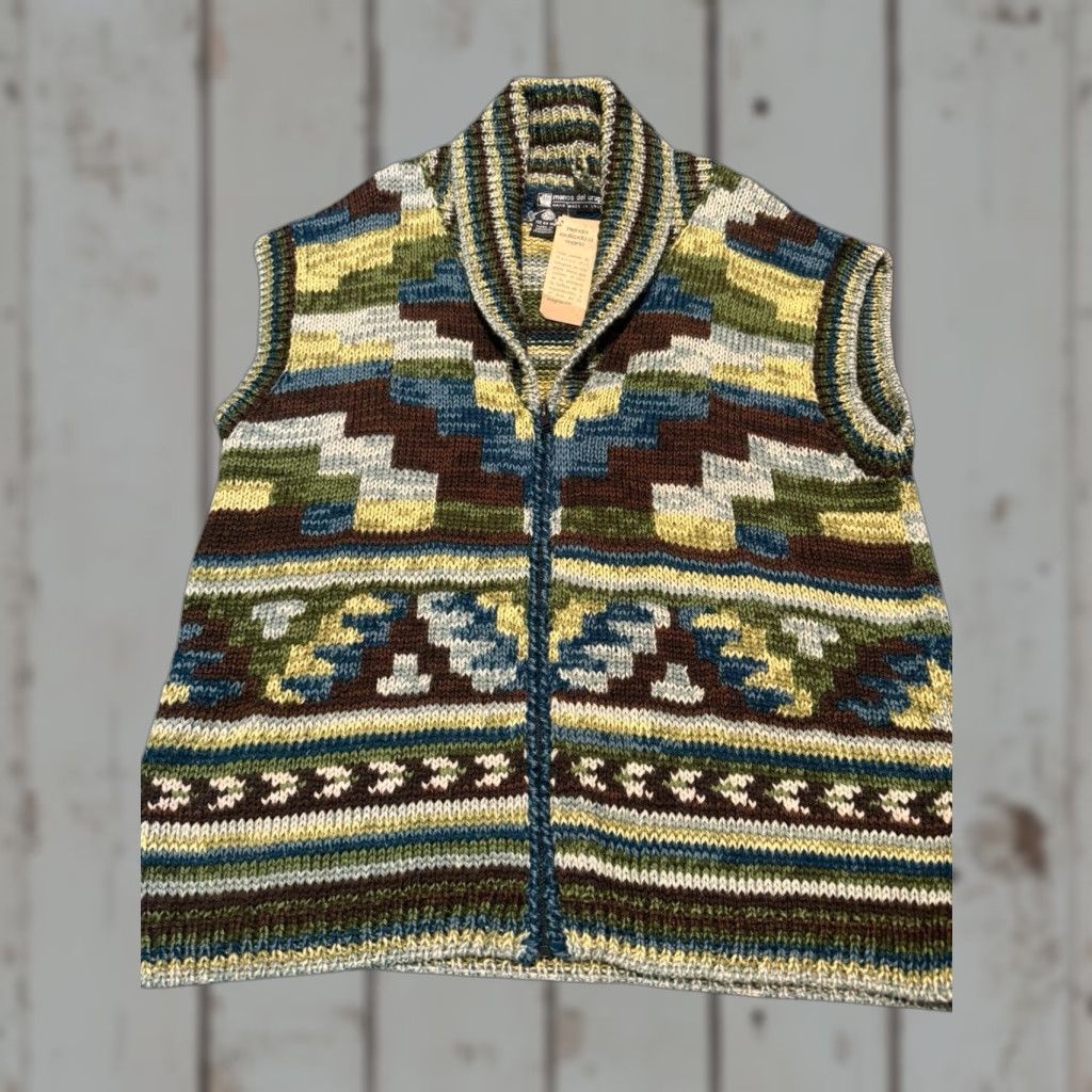 Vintage VINTAGE Manos Del Uruguay Cardigan Best Zip Wool Sweater L GEOMETRIC Design NWT Women Vest Brown 100% Wool Knit Open Collarless Regular Fit Size L / US 10 / IT 46 - 1 Thumbnail