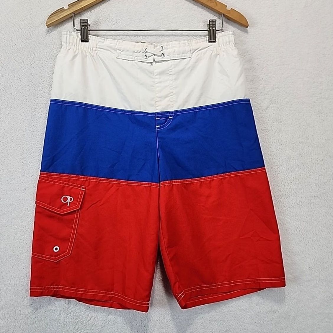 Vintage VINTAGE Ocean Pacific Striped Swim Trunks Board Shorts 2XL Men Red White Blue Lined Pockets 90s 2000s OP Surfing Beach Size US 39 - 4 Thumbnail