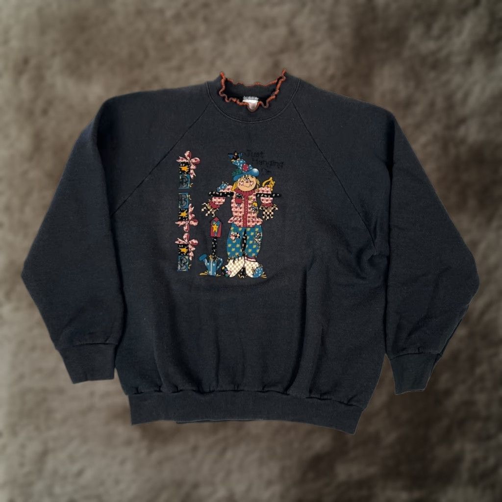 Hanes VINTAGE Hanes Sweatshirt Women's Large Black Just Hanging On 80s 90s USA Made Embroidered Pullover Crew Neck Long Sleeve Fall Activewear Mens? Size L / US 10 / IT 46 - 1 Thumbnail