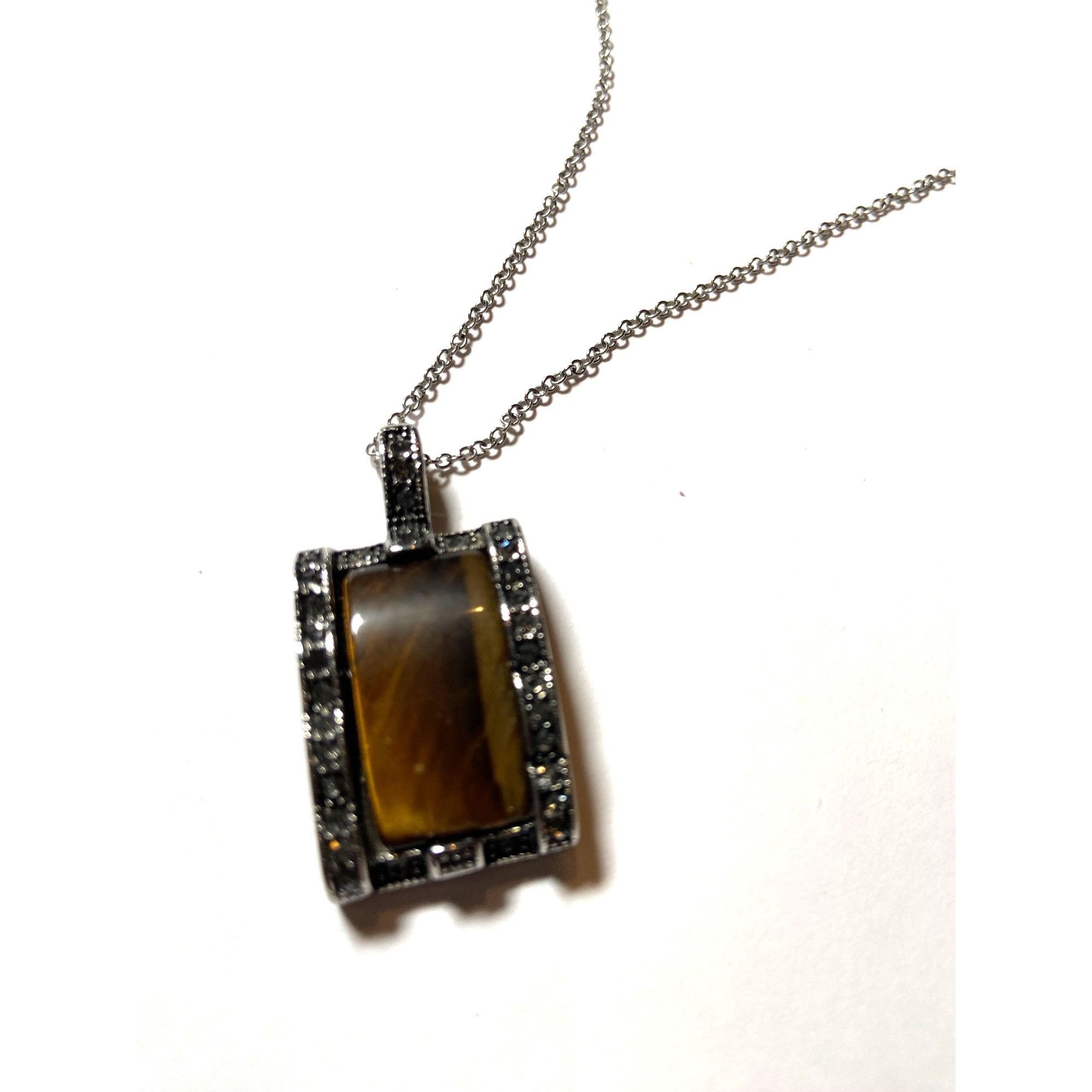 Other Tigers Eye Pendant Necklace With Silver-Tone Chain & Rhinest Size ONE SIZE - 2 Thumbnail