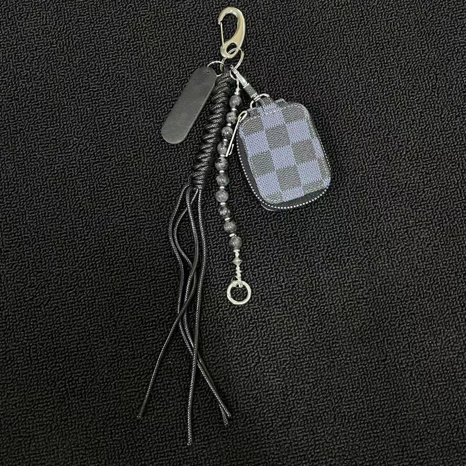 Jewelry Black Checkered Keychain with Tassel and Beads Size ONE SIZE - 2 Thumbnail