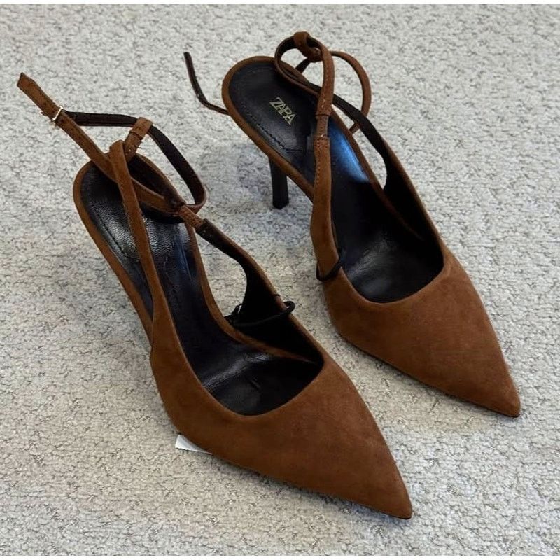 Zara ZARA Brown Leather Slingback Heels NWT Size US 9 / IT 39 - 9 Thumbnail