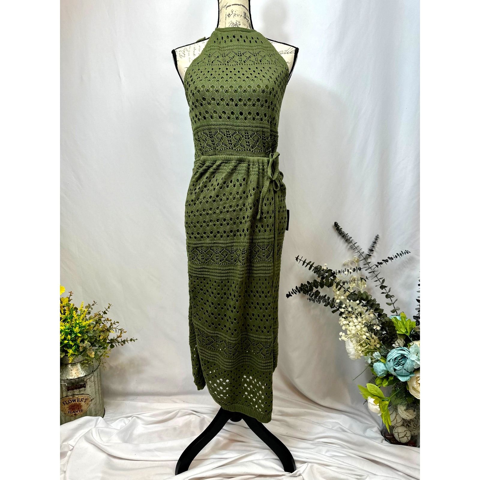 Other Lulu's Blissful Strolls Crochet Wrap Halter Midi Olive L Size L / US 10 / IT 46 - 9 Thumbnail