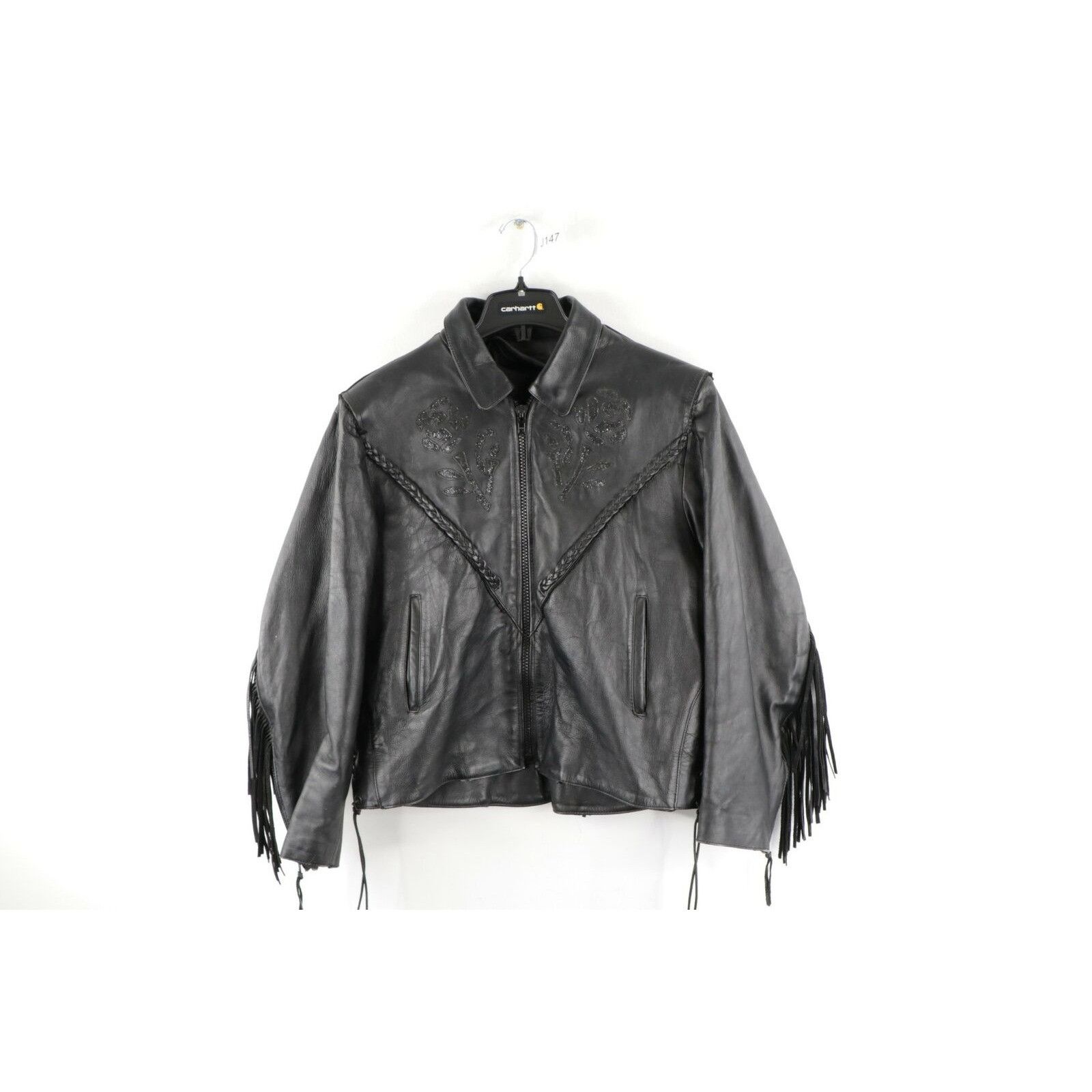 Image of Vintage 90's Rose Braided Fringed Leather Moto Riding Jacket in Black, Women's (Size XL)