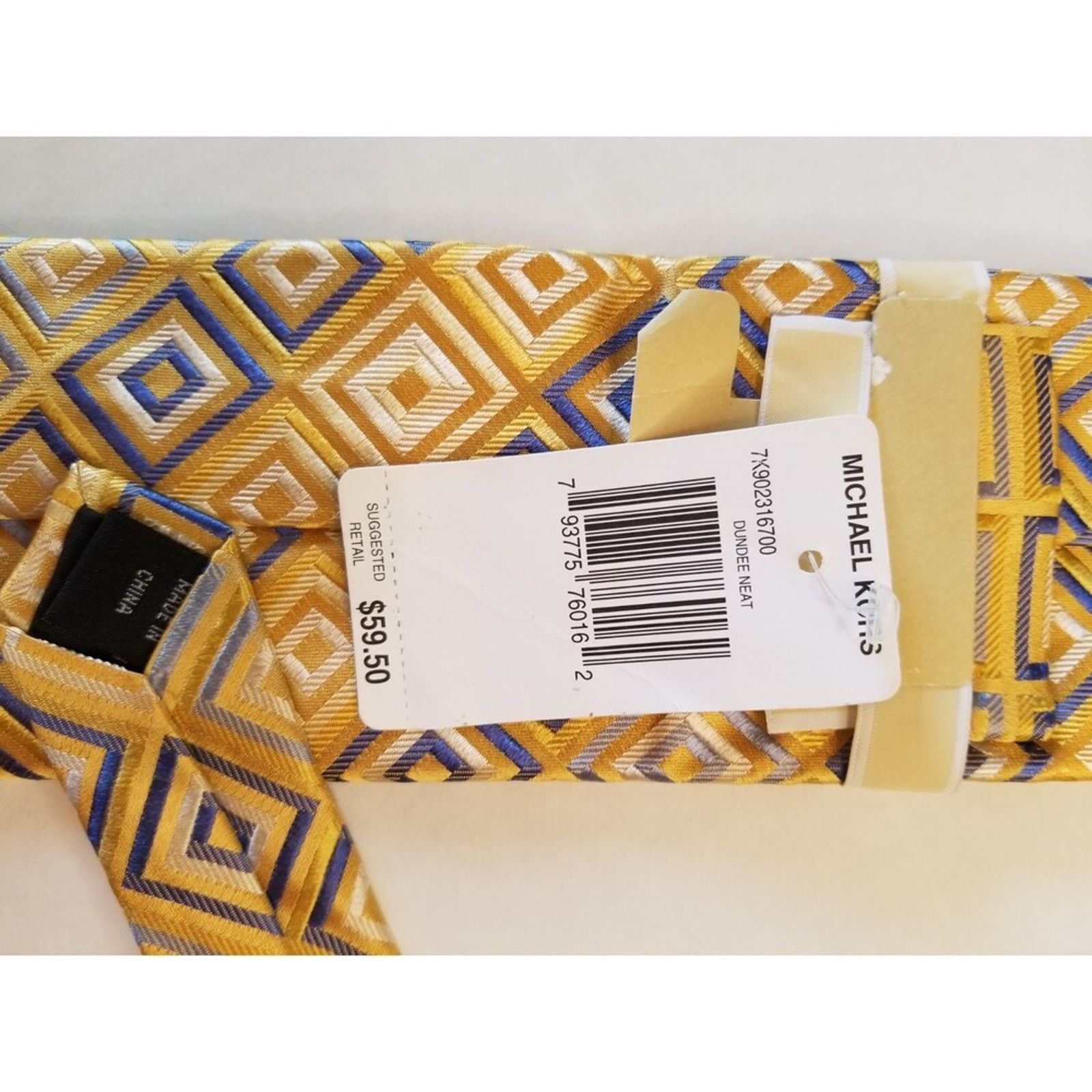 Michael Kors Michael Kors Neck Tie NWT Gold Blue Squares Diagonal Pattern Size ONE SIZE - 7 Thumbnail