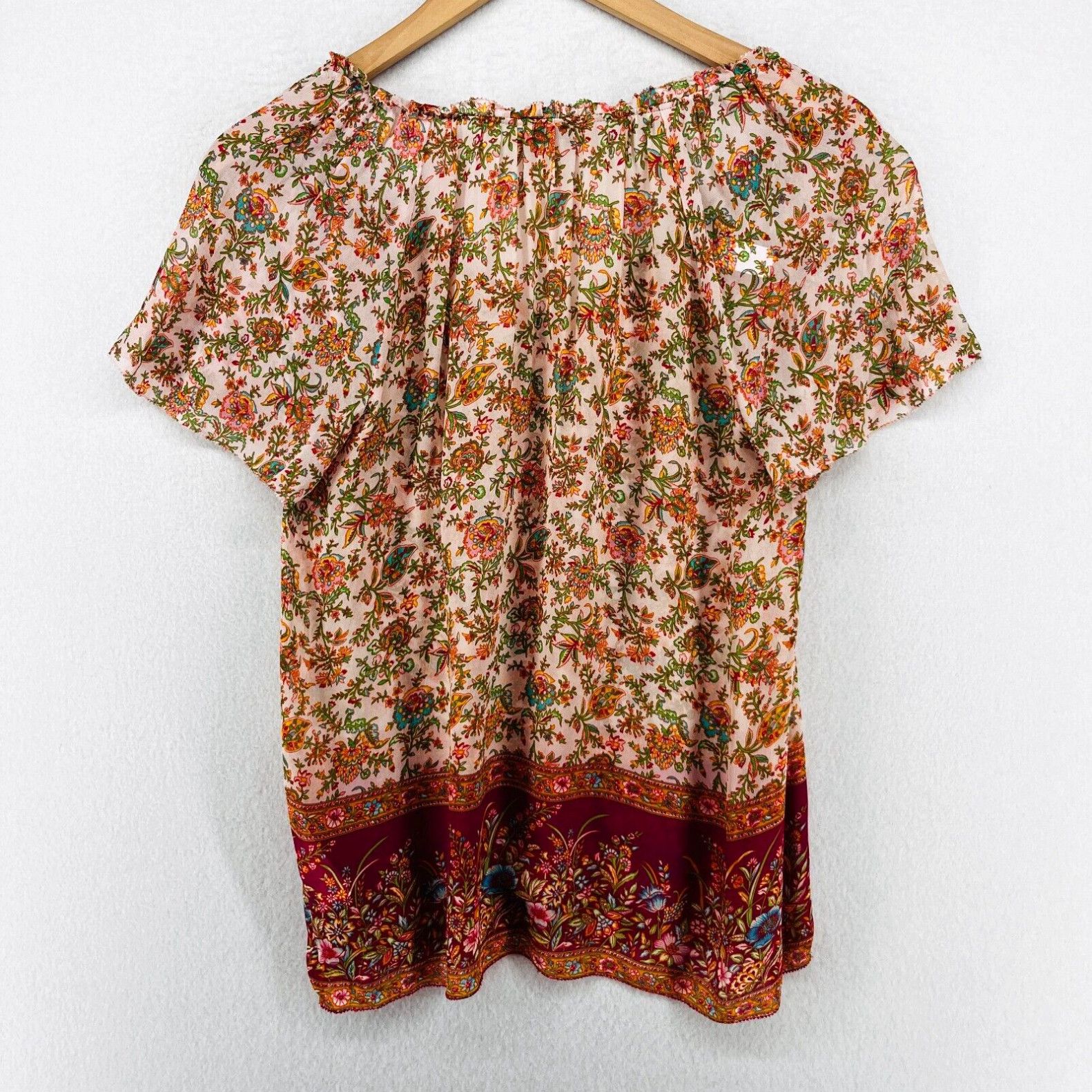 Image of Lucky Brand Top Women Xs Sheer Boho Floral Peasant Smocked Popover Blouse Red in White