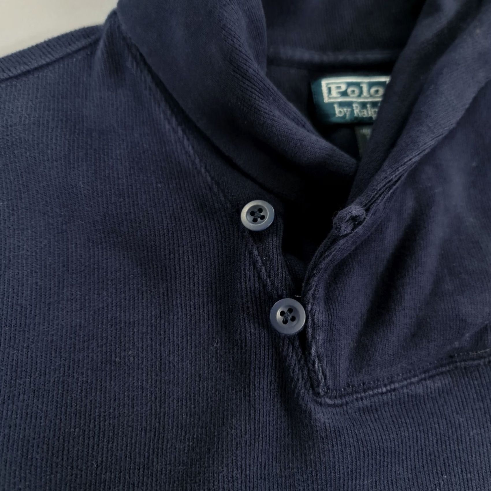 Polo Ralph Lauren VINTAGE Polo Ralph Lauren Jumper Mens Shawl Neck Navy Blue Large Cotton Pullover Knitted Logo Size US L / EU 52-54 / 3 - 4 Thumbnail