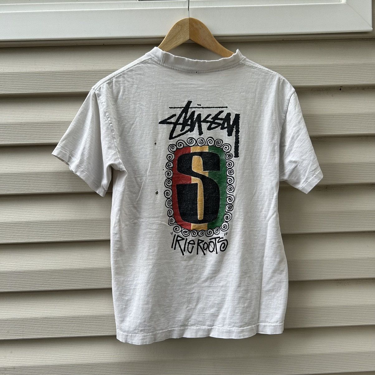 image of 90's Stussy Irie Roots Rasta Tshirt in White, Men's (Size Medium)